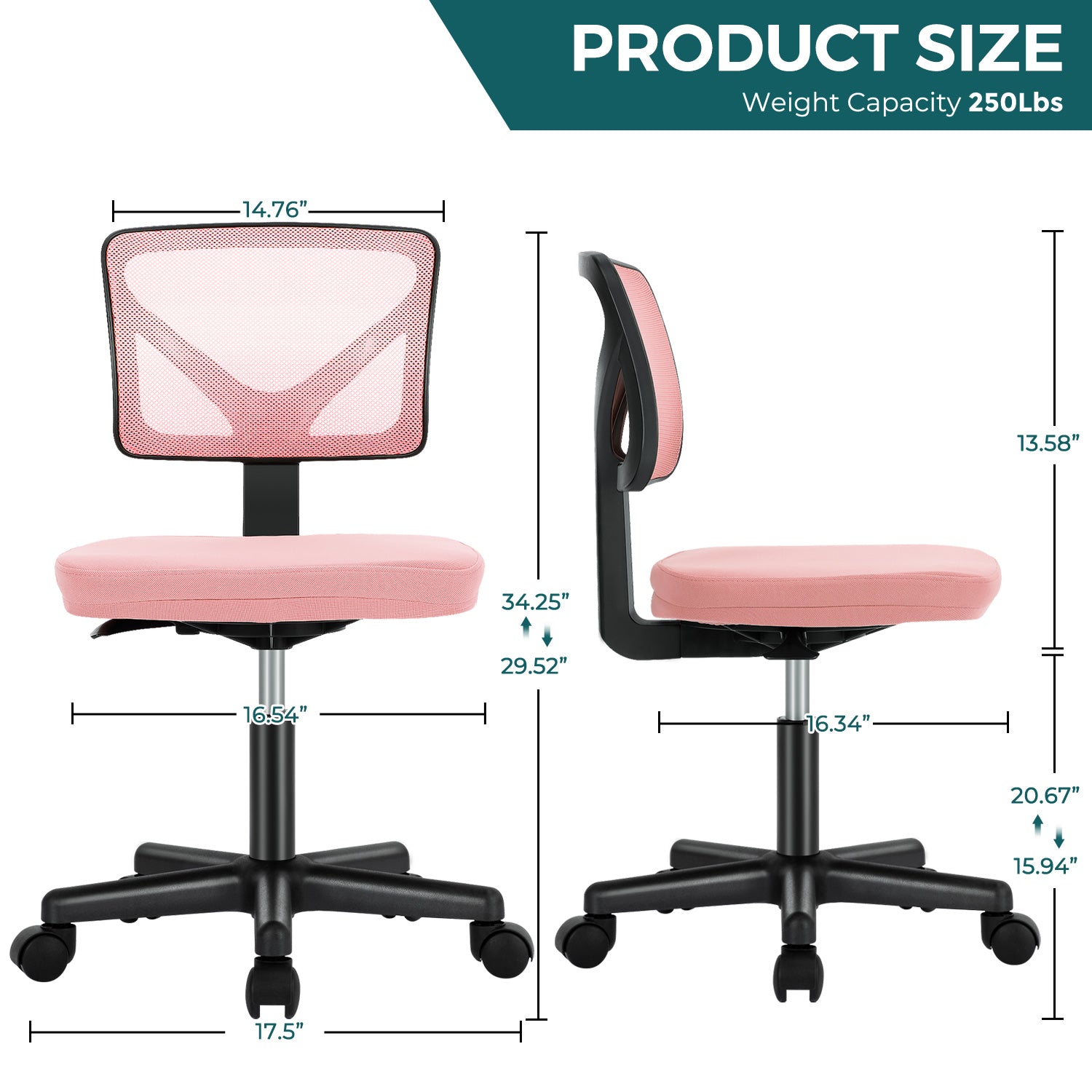 Sweetcrispy Armless Desk Chair Small Home Office Chair With Lumbar Support Pink Nylon Mesh