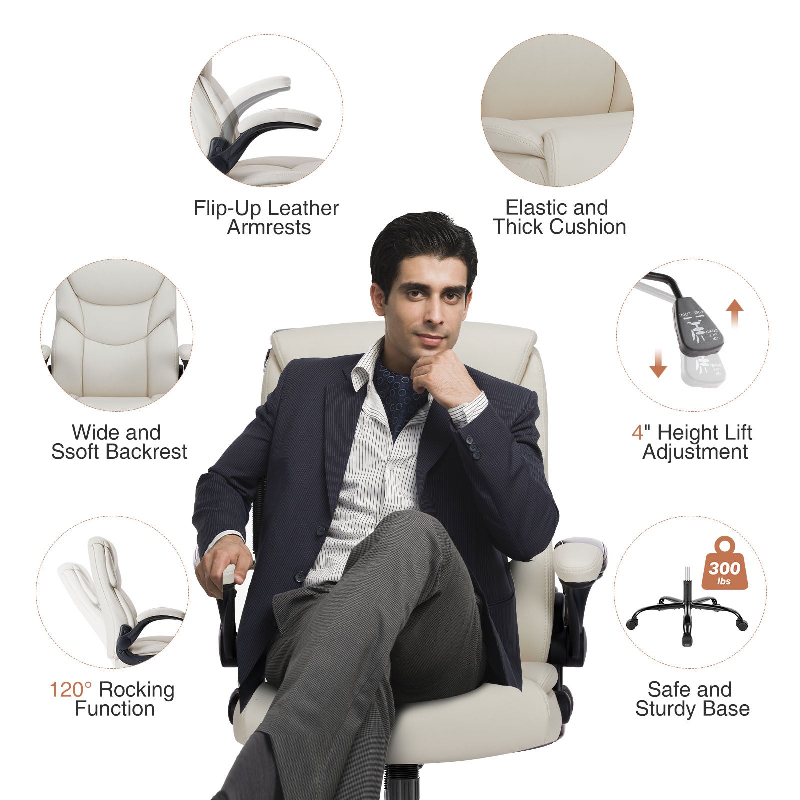 Sweetcrispy Executive Office Pu Leather Desk Chair High Back Flip Up Armrest Adjustable Ergonomic Home Office Chair White Pu Leather