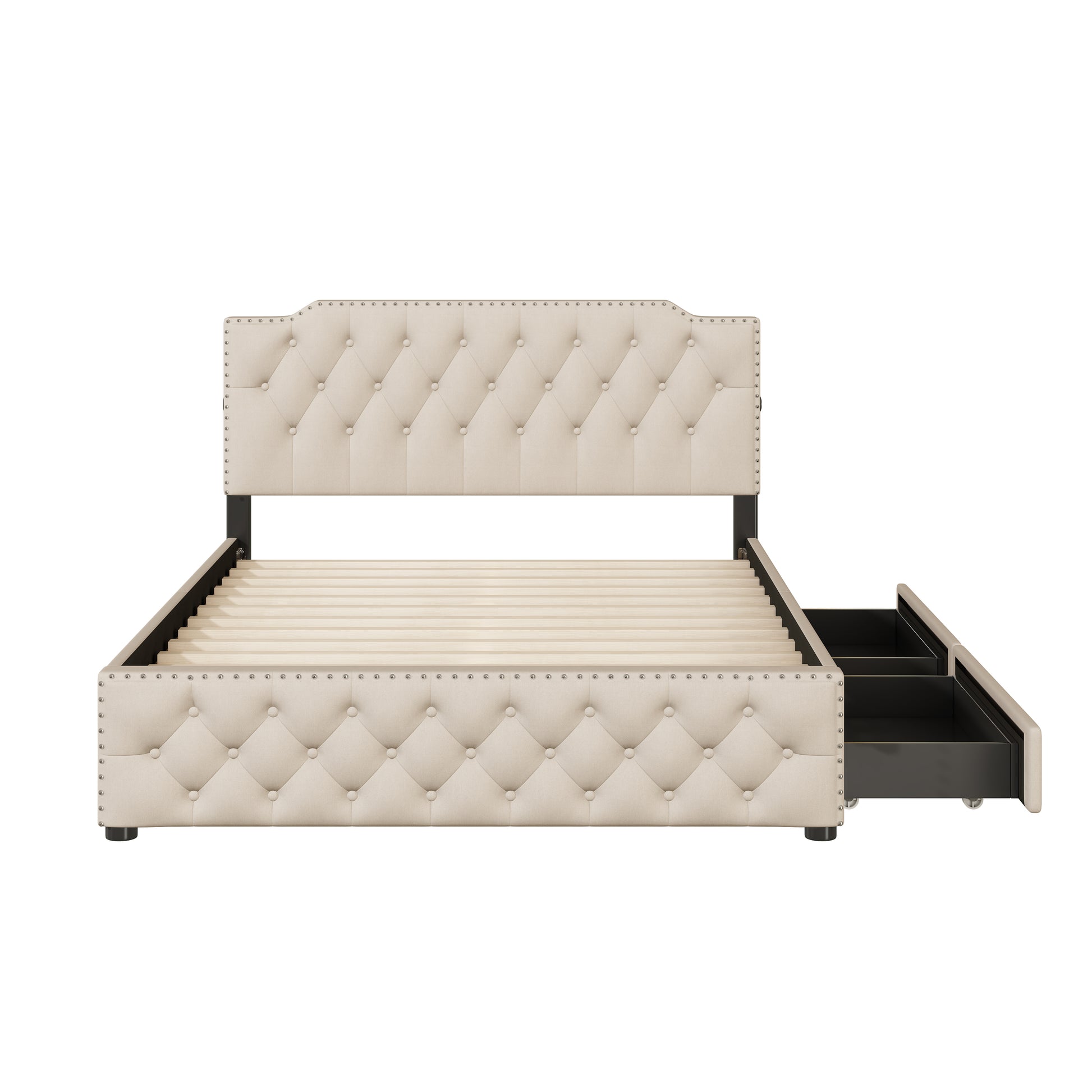 Queen Size Upholstered Platform Bed With 2 Drawers And 2 Sets Of Usb Ports On Each Side, Linen Fabric, Beige Beige Linen