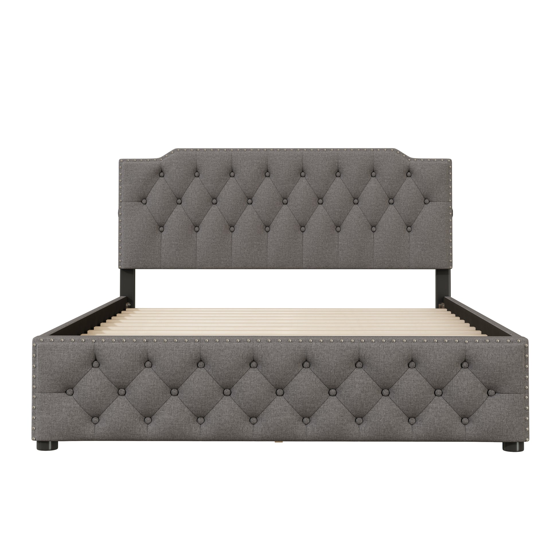 Queen Size Upholstered Platform Bed With 2 Drawers And 2 Sets Of Usb Ports On Each Side, Linen Fabric, Gray Gray Linen