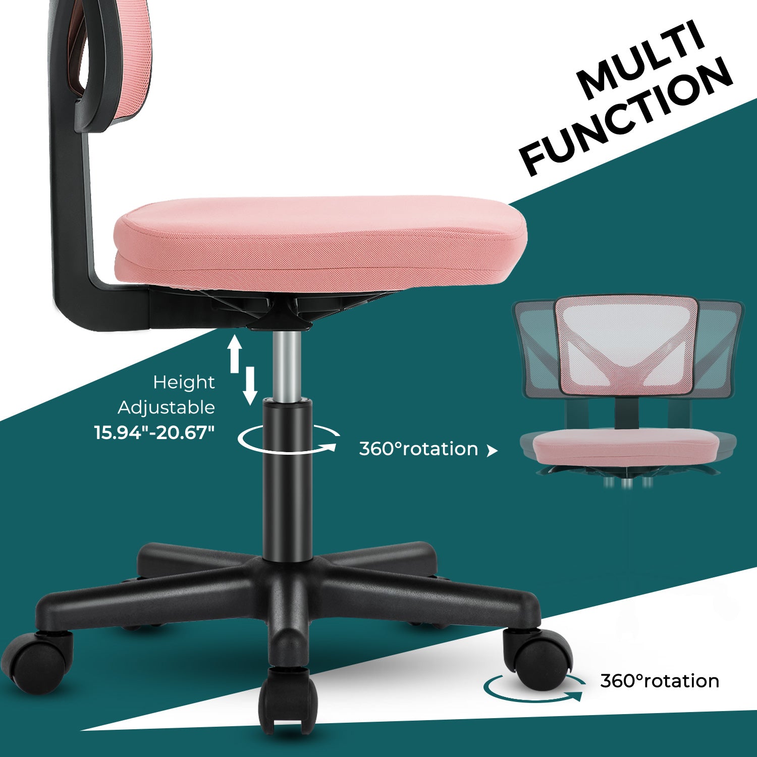 Sweetcrispy Armless Desk Chair Small Home Office Chair With Lumbar Support Pink Nylon Mesh