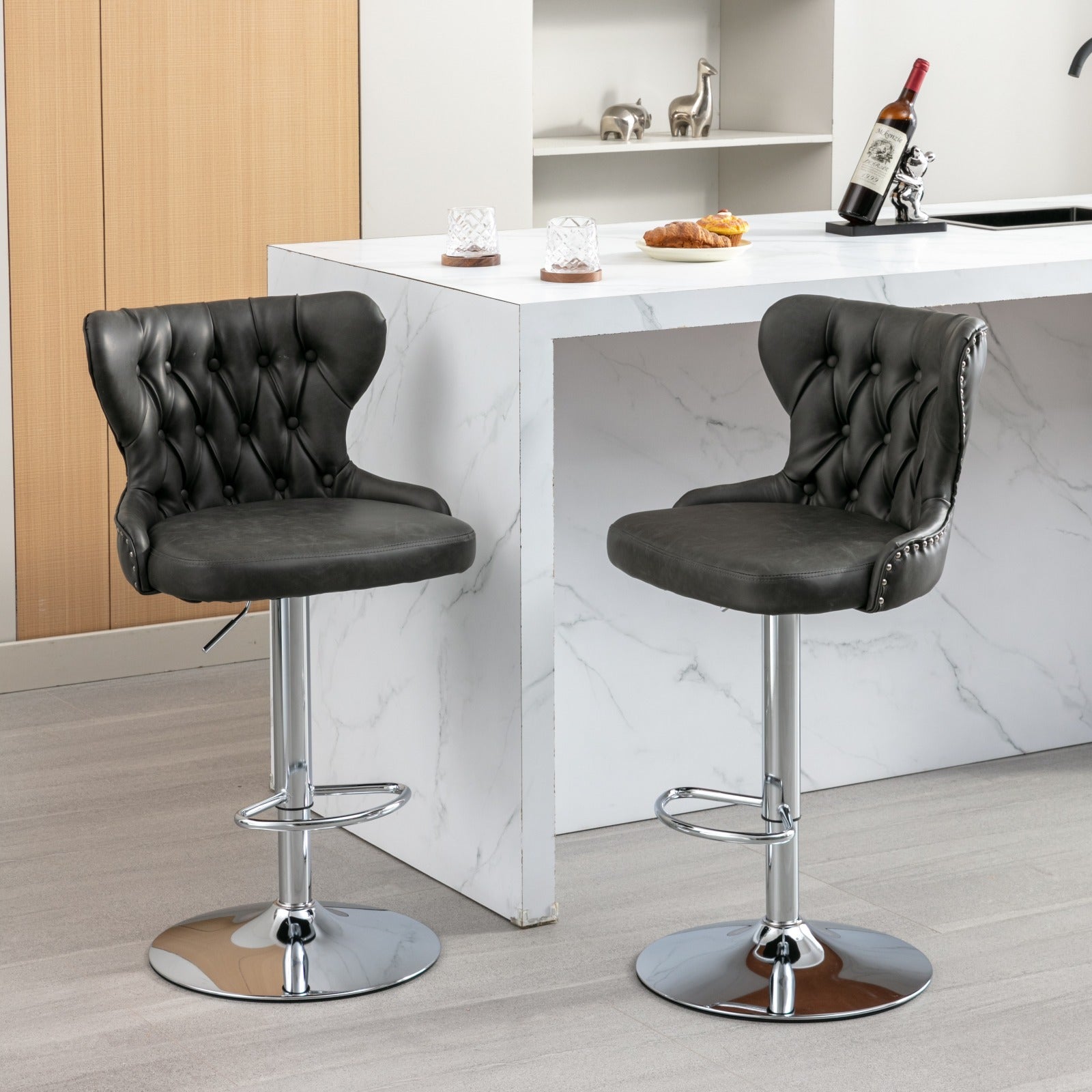 Swivel Pu Barstools Adjusatble Seat Height From 25 33 Inch, Modern Upholstered Chrome Base Bar Stools With Backs Comfortable Tufted For Home Pub And Kitchen Island,Olive Green, Sw1844Gy Gray Dining Room American Design Foam Pu Leather