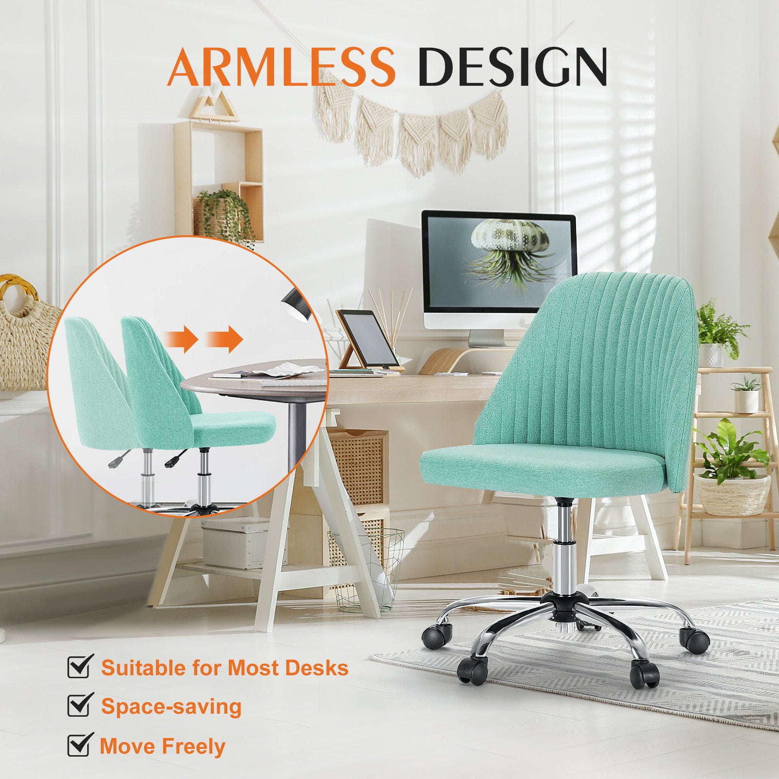 Sweetcrispy Armless Home Office Desk Chair with Wheels green-fabric