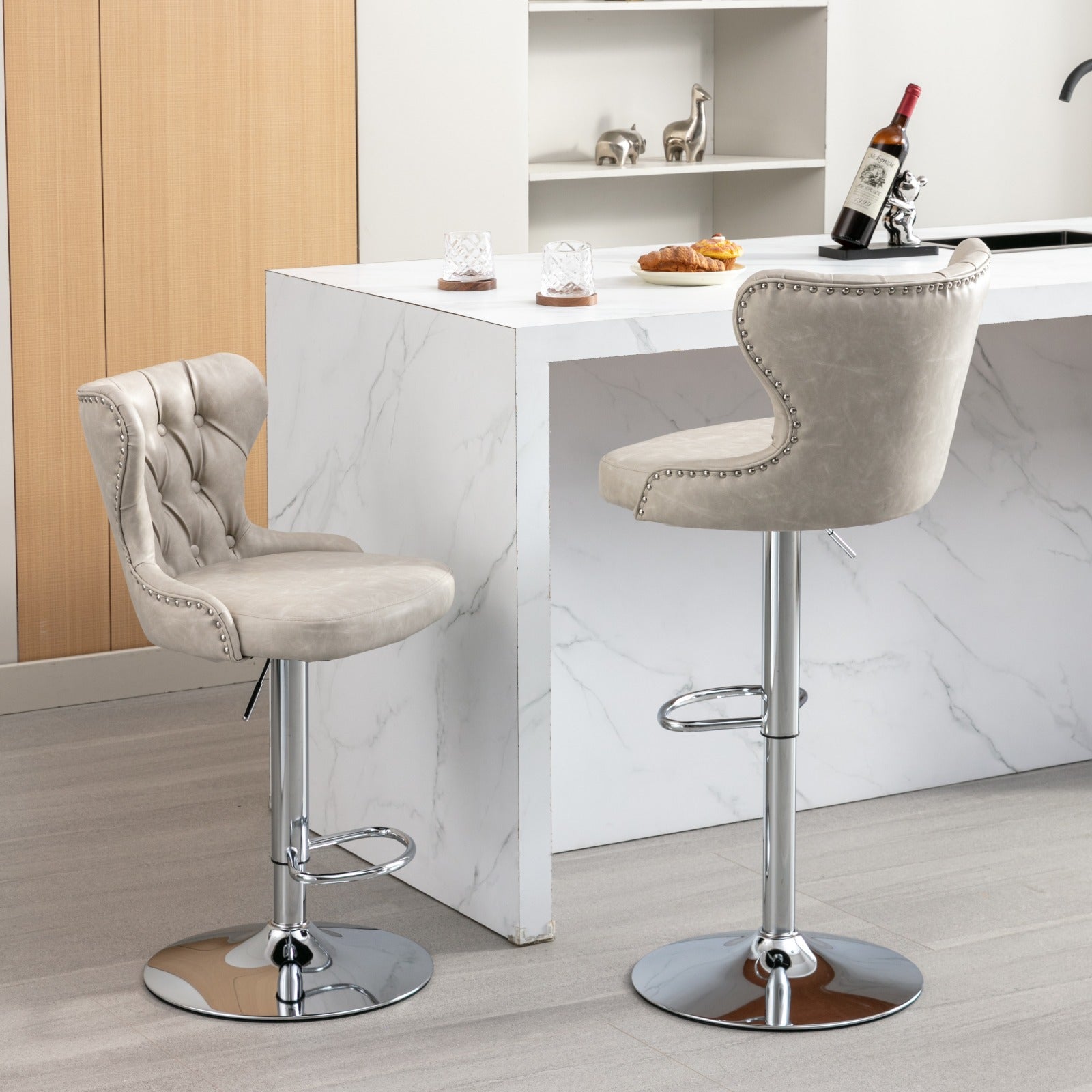 Swivel Pu Barstools Adjusatble Seat Height From 25 33 Inch, Modern Upholstered Chrome Base Bar Stools With Backs Comfortable Tufted For Home Pub And Kitchen Island,Olive Green, Sw1844Bg Beige Dining