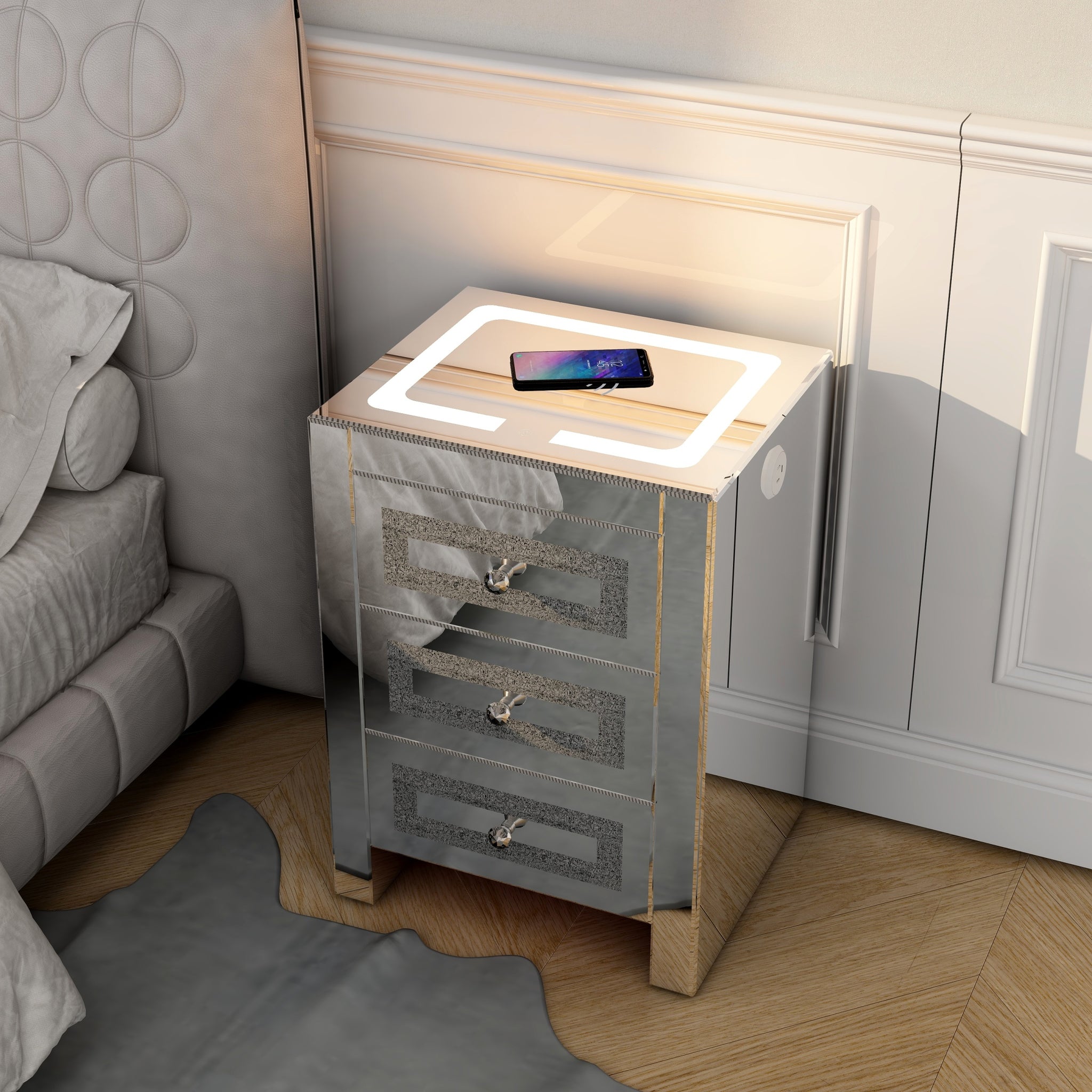 Silver glass nightstand for living room, shining silver-3 drawers-mdf+glass