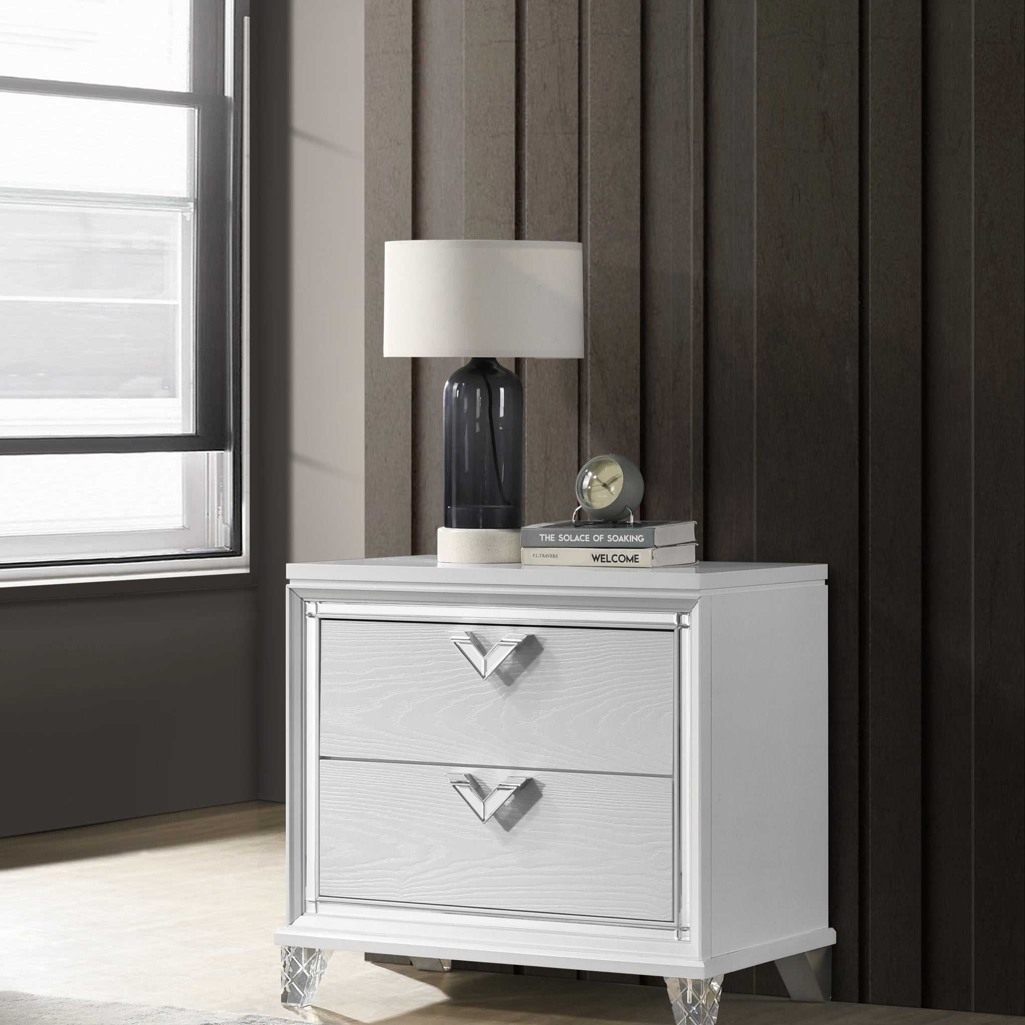 Prism Modern Style 2 Drawer Nightstand With Led Glow & V Shape Handles In White Silver 2 Drawers Bedroom Modern Wood