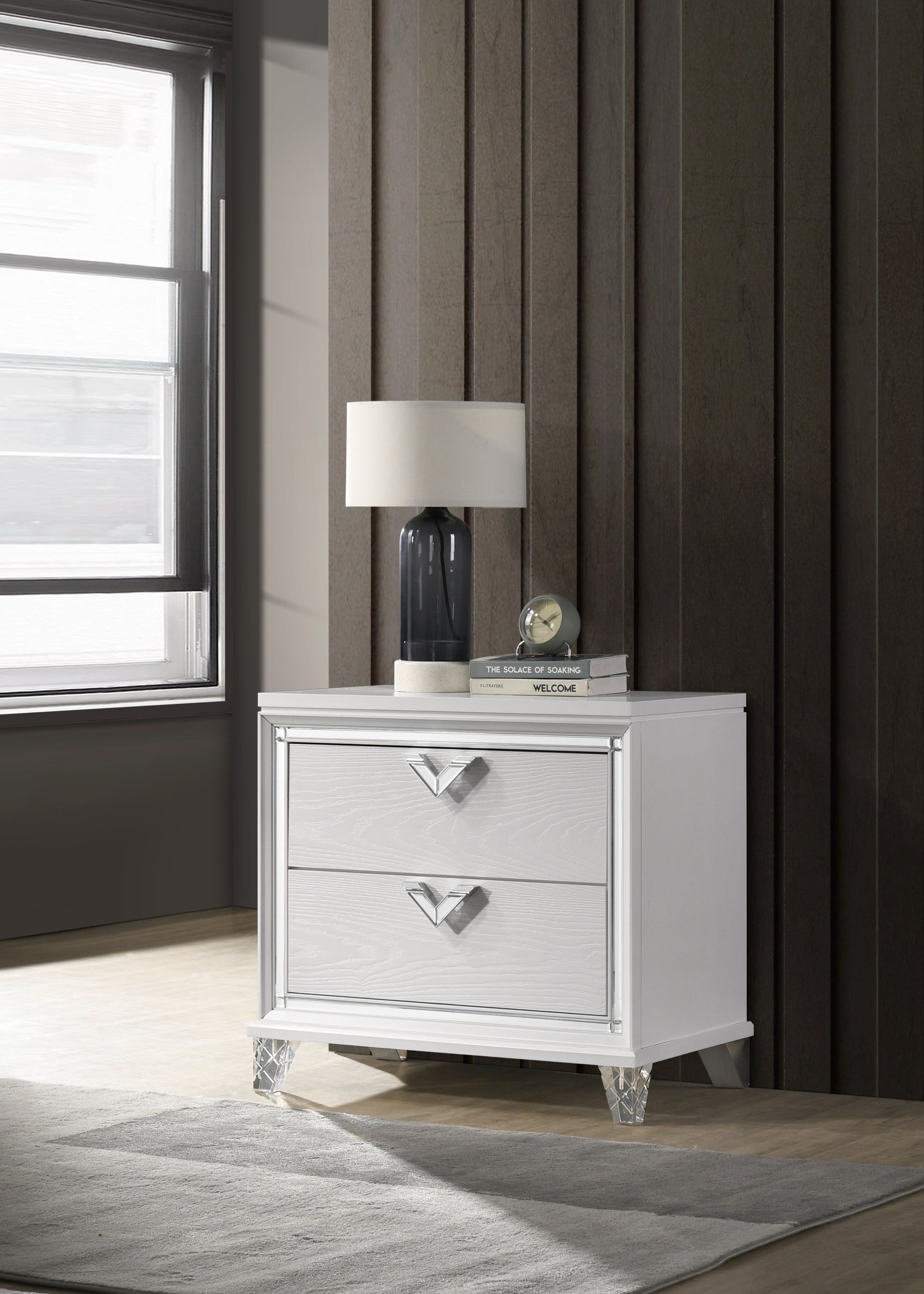 Prism Modern Style 2 Drawer Nightstand With Led Glow & V Shape Handles In White Silver 2 Drawers Bedroom Modern Wood