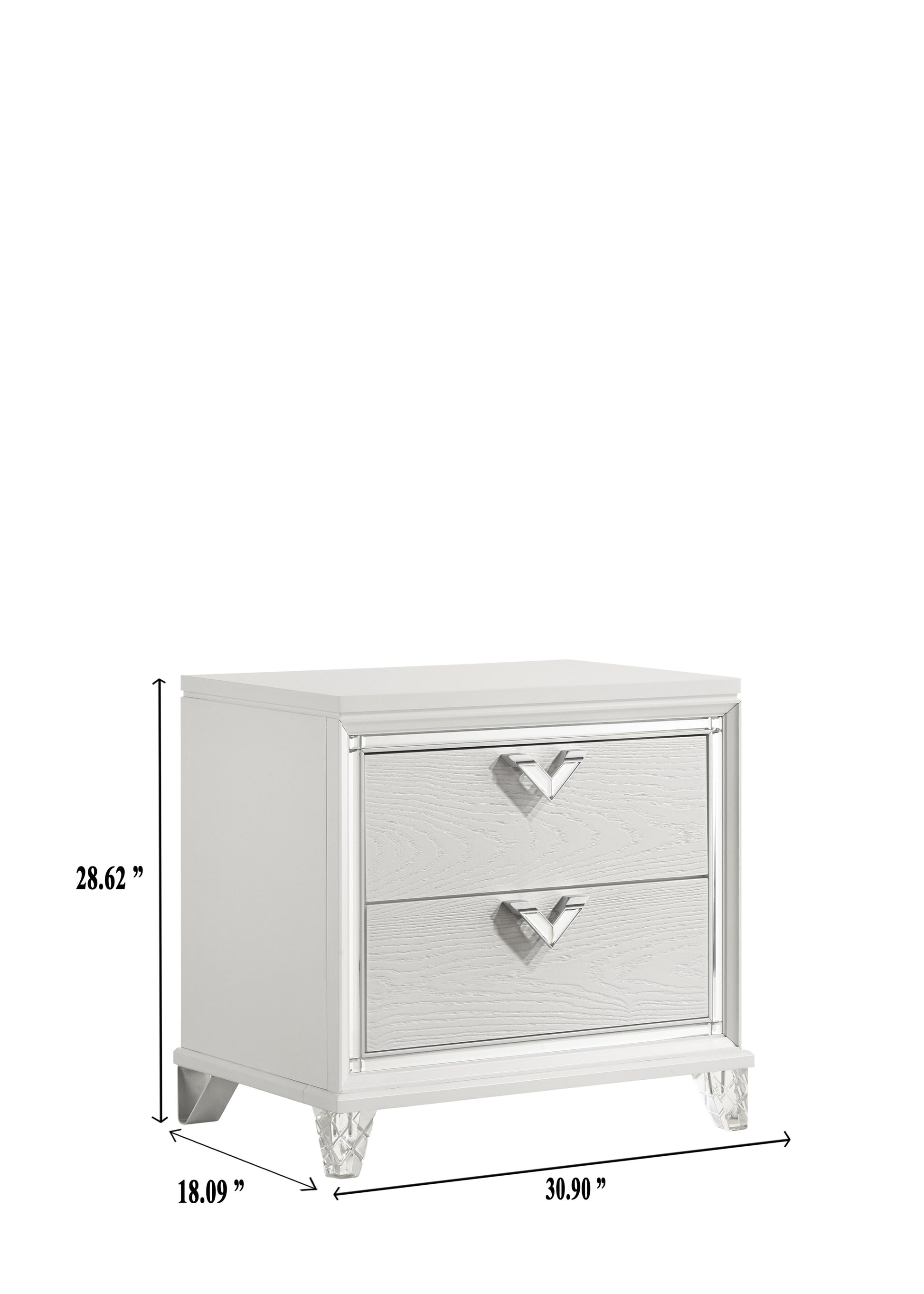 Prism Modern Style 2 Drawer Nightstand With Led Glow & V Shape Handles In White Silver 2 Drawers Bedroom Modern Wood