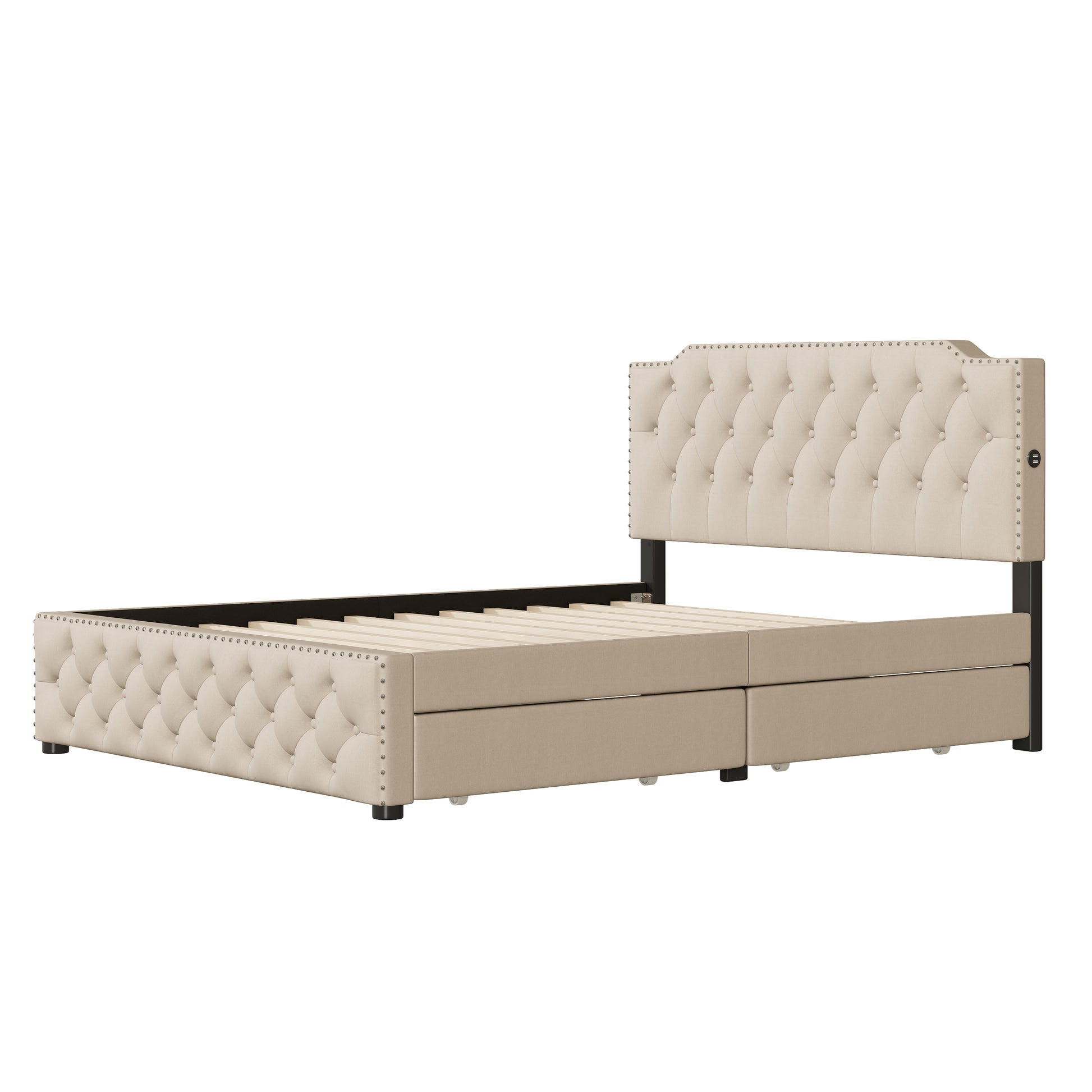 Queen Size Upholstered Platform Bed With 2 Drawers And 2 Sets Of Usb Ports On Each Side, Linen Fabric, Beige Beige Linen