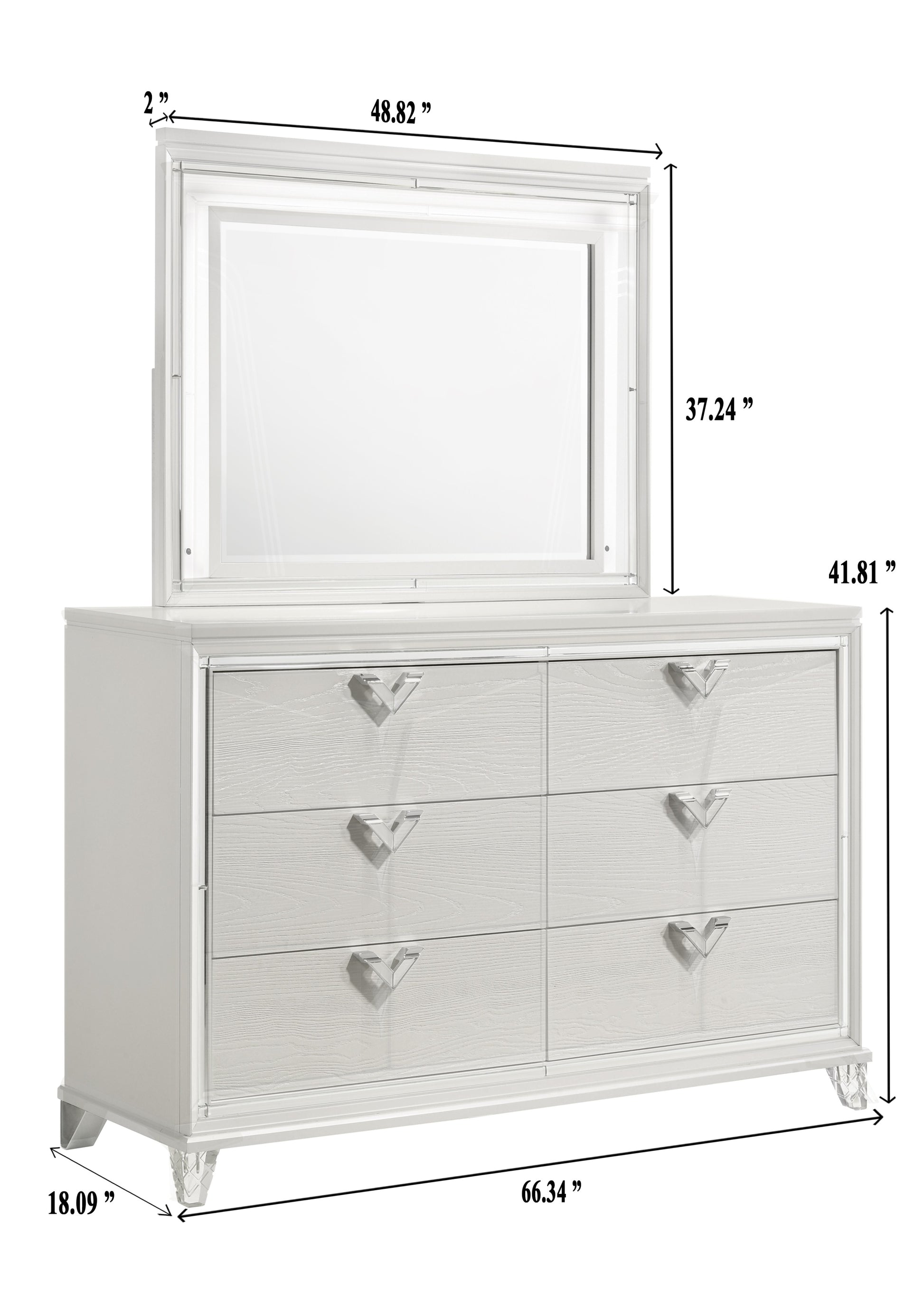 Prism Modern Style 6 Drawer Dresser With Mirror Accent & V Shape Handles In White Silver Bedroom Modern Wood