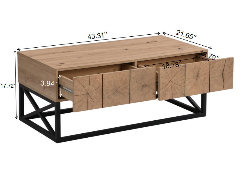 43.31'' Luxury Coffee Table With Two Drawers, Industrial Coffee Table For Living Room, Bedroom & Office Natural Mdf Iron