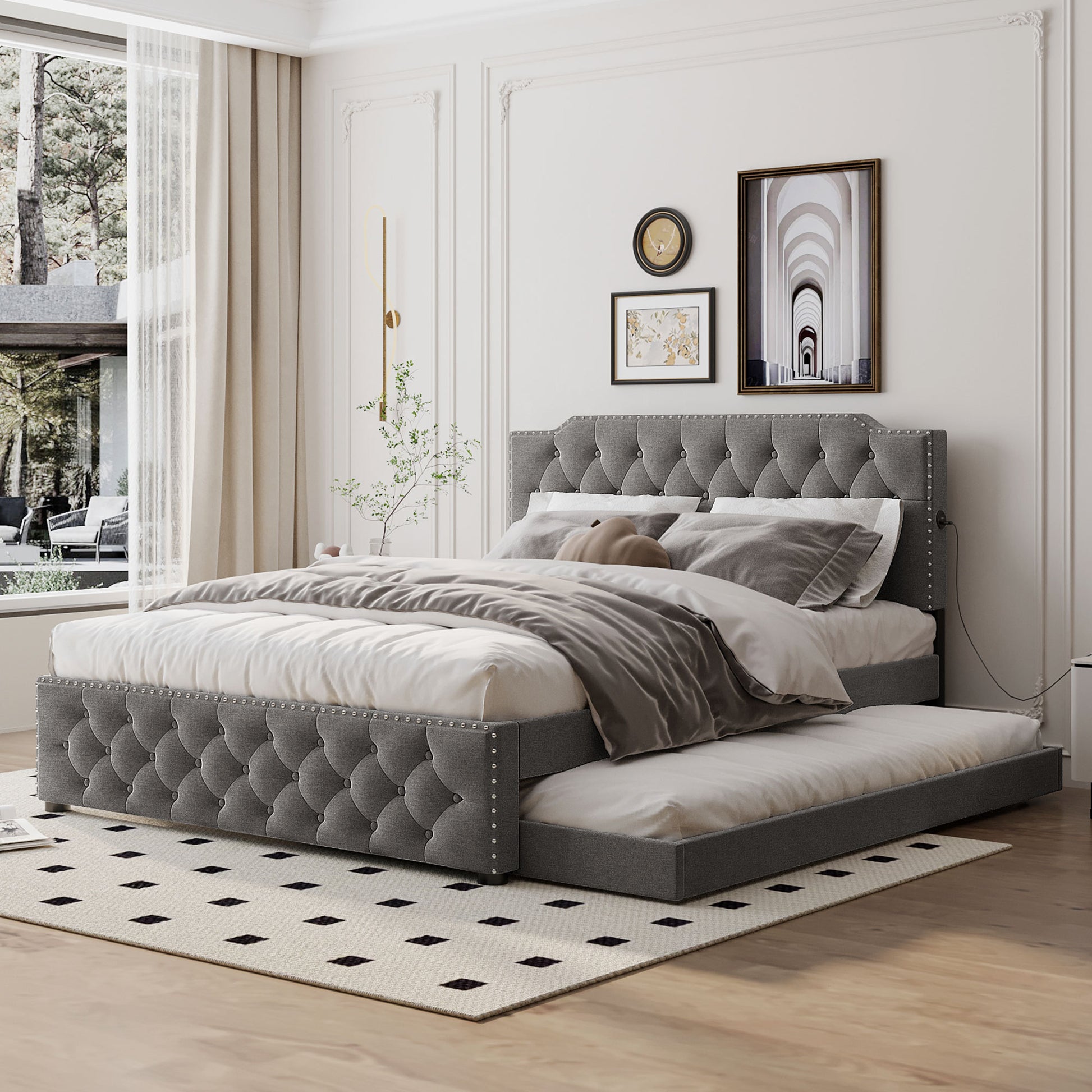 Queen Size Upholstered Platform Bed With Twin Size Trundle And 2 Sets Of Usb Ports On Each Side, Linen Fabric, Gray Queen Gray Linen