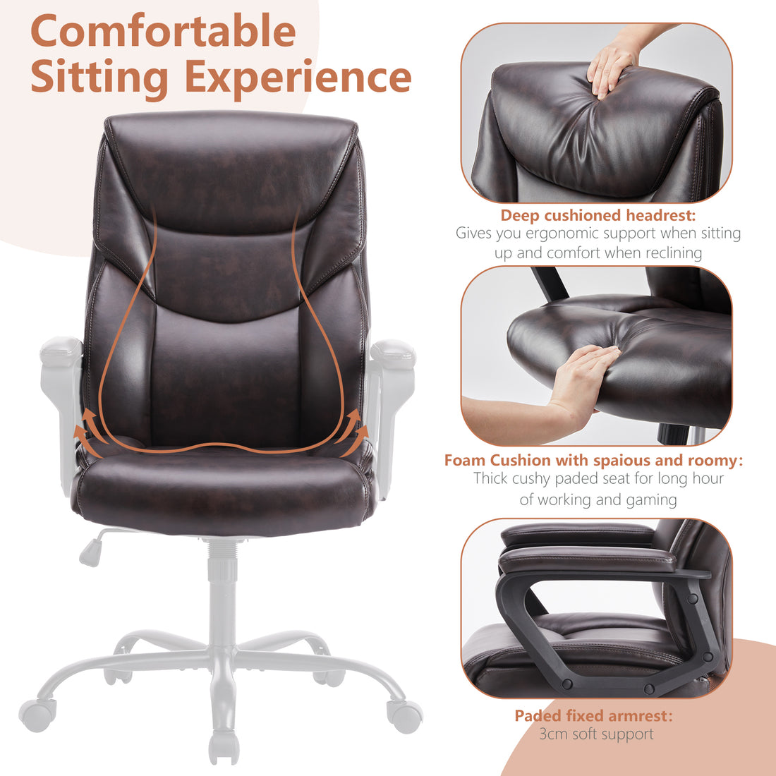 Sweetcrispy Home Office Chair Ergonomic Pu Leather Desk Chair With Armrests Gray Pu Leather