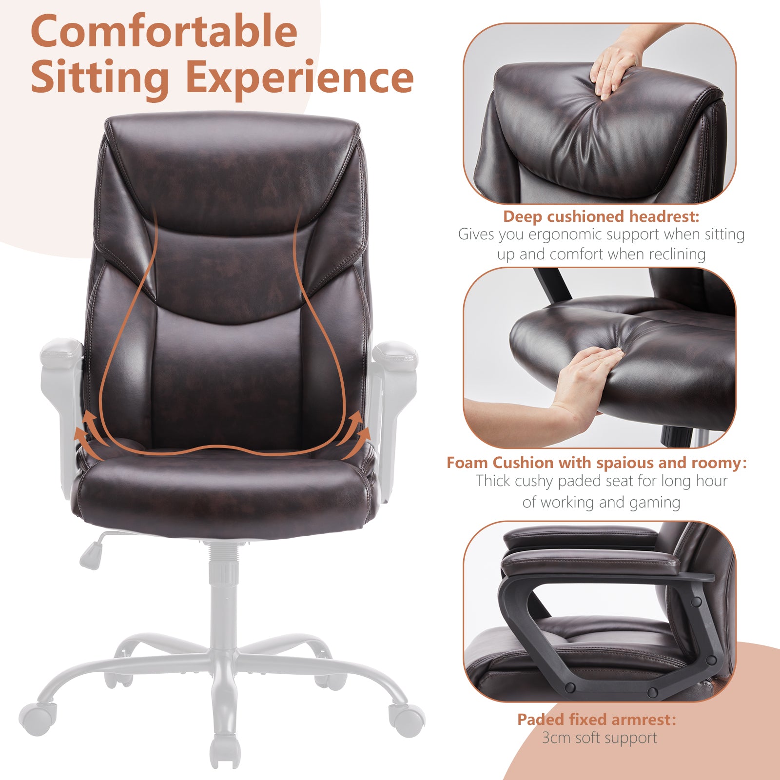 Sweetcrispy Home Office Chair Ergonomic Pu Leather Desk Chair With Armrests Gray Pu Leather