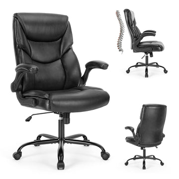 Sweetcrispy Executive Office Pu Leather Desk Chair High Back Flip Up Armrest Adjustable Ergonomic Home Office Chair Black Pu Leather