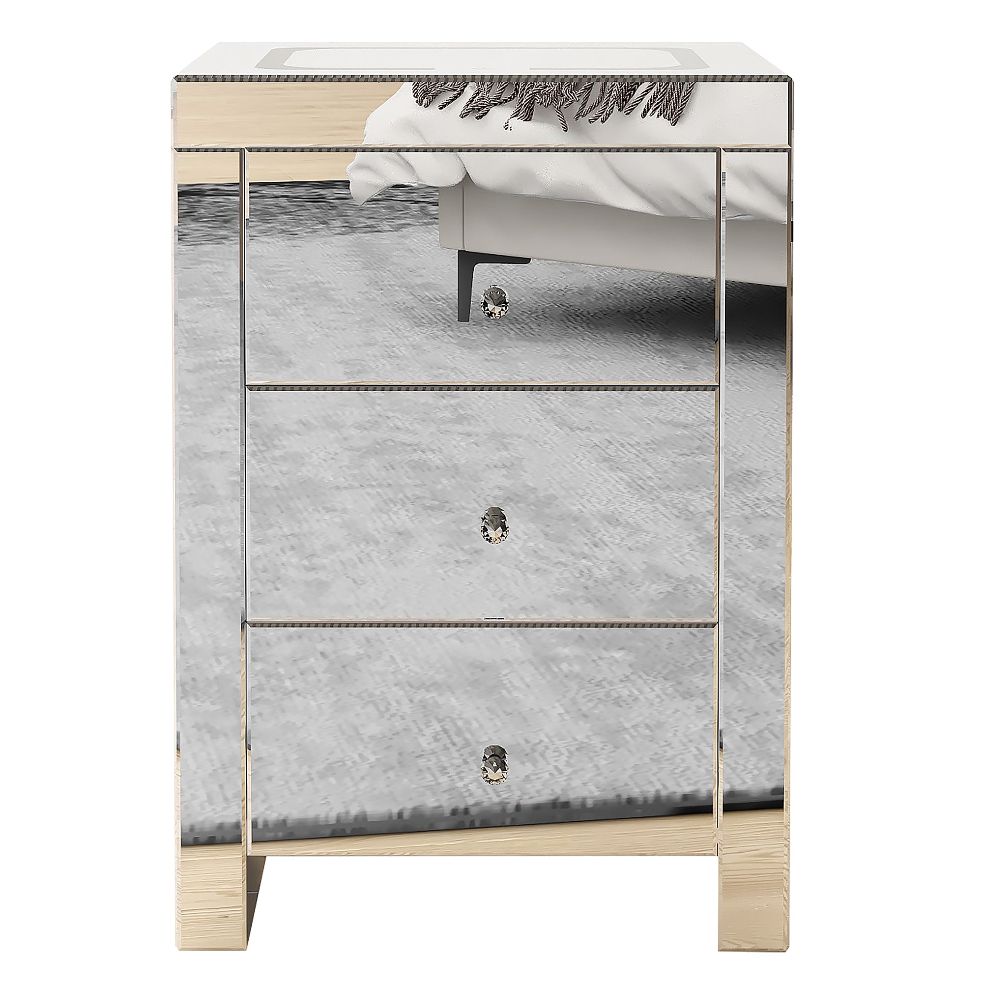 Silver glass nightstand for living room, bedside table silver-3 drawers-mdf+glass