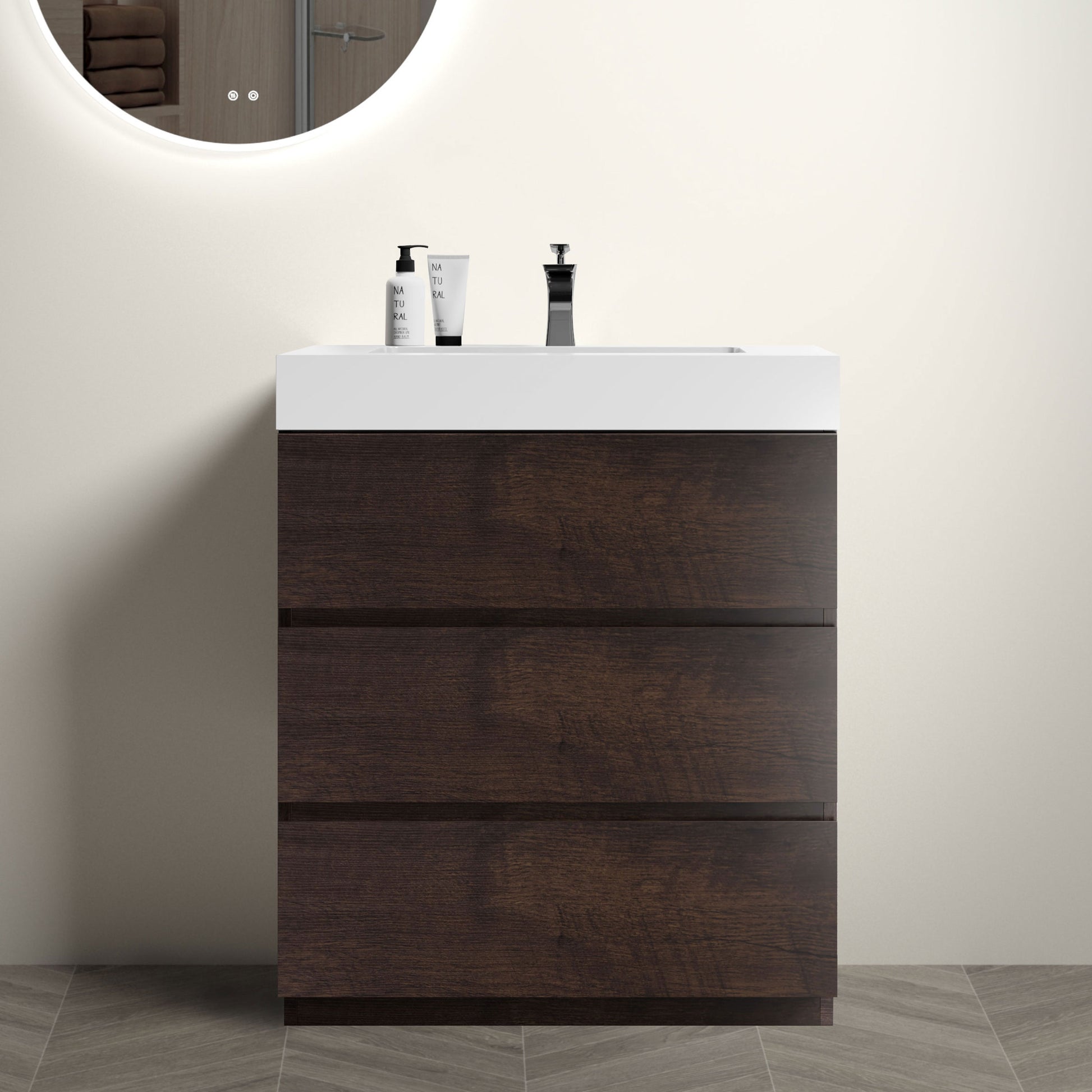 Alice 30" Walnut Bathroom Vanity With Sink, Large Storage Freestanding Bathroom Vanity For Modern Bathroom, One Piece White Sink Basin Without Drain And Faucet, Pre Assembled White Walnut Melamine