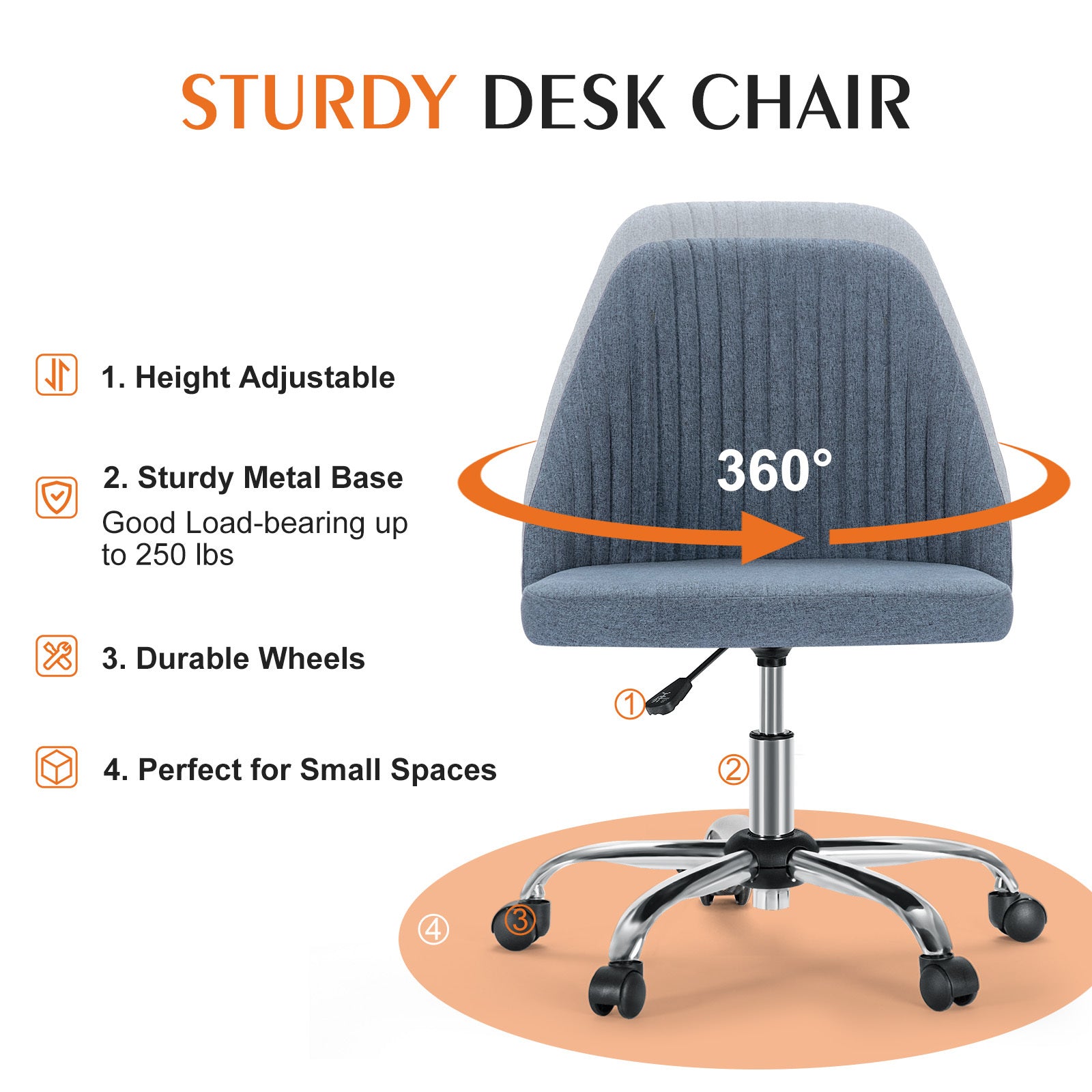 Sweetcrispy Armless Home Office Desk Chair With Wheels Adjustable Swivel Task Computer Vanity Chair For Small Spaces Blue Fabric