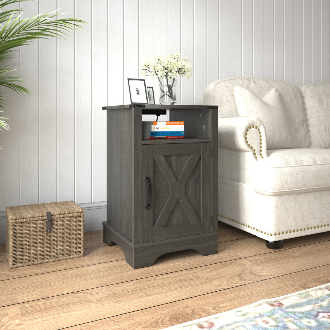 Farmhouse Nightstand Side Table, Wooden Rustic End Table, Tall Bedside Table With Electrical Outlets Charging Station Dark Gray Dark Grey Engineered Wood