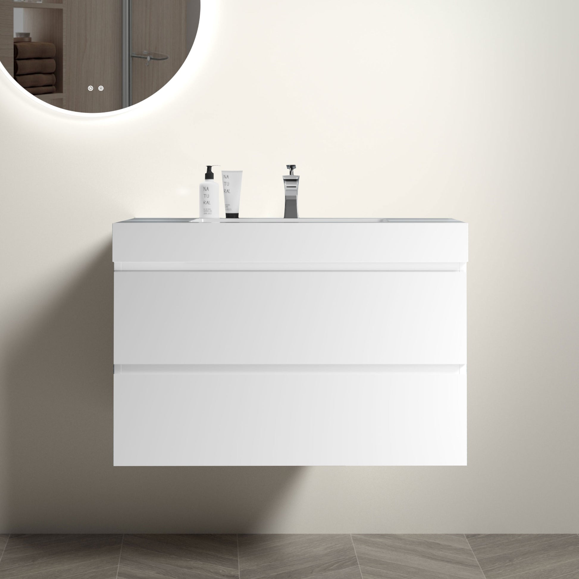 Bb02 36 101, Integrated Solid Surface Basin Without Drain And Faucet, Glossy White Color White Solid Surface