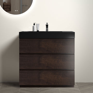 Alice 36" Walnut Bathroom Vanity With Sink, Large Storage Freestanding Bathroom Vanity For Modern Bathroom, One Piece Black Sink Basin Without Drain And Faucet, Pre Assembled Walnut Black Melamine