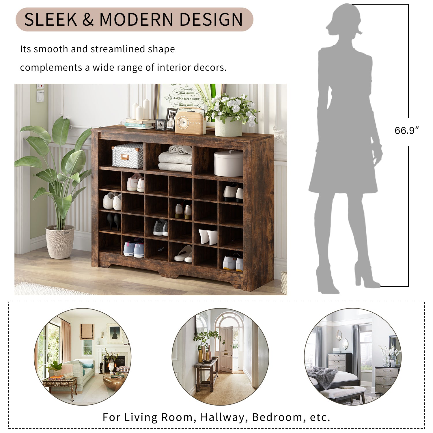 Sleek Design 24 Shoe Cubby Console, Modern Shoe Cabinet With Curved Base, Versatile Sideboard With High Quality For Hallway, Bedroom, Living Room, Rustic Brown Freestanding Rustic Brown Primary Living Space Particle Board