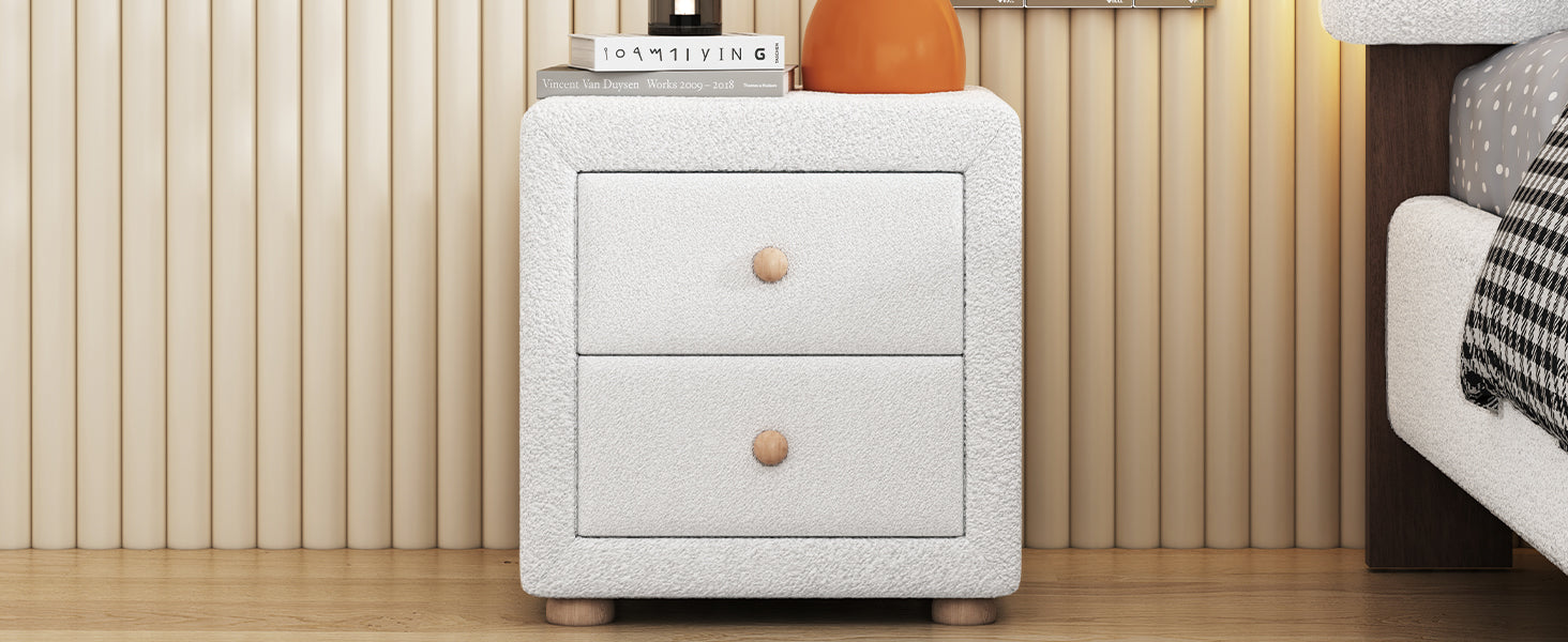 Teddy Fleece Nightstand With 2 Drawers, White White Mdf