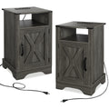 Farmhouse Nightstand Side Table, Wooden Rustic End Table, Tall Bedside Table With Electrical Outlets Charging Station 2 Sets Dark Gray Dark Grey Engineered Wood