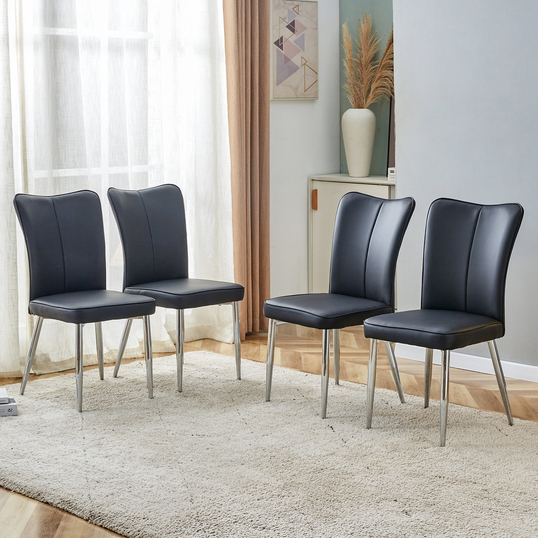 Modern Minimalist Dining Chairs, Black Pu Leather Curved Backrest And Seat Cushions, Electroplated Metal Chair Legs, Suitable For Restaurants, Bedrooms, And Living Rooms. A Set Of 4 Chairs.008 Black Pu