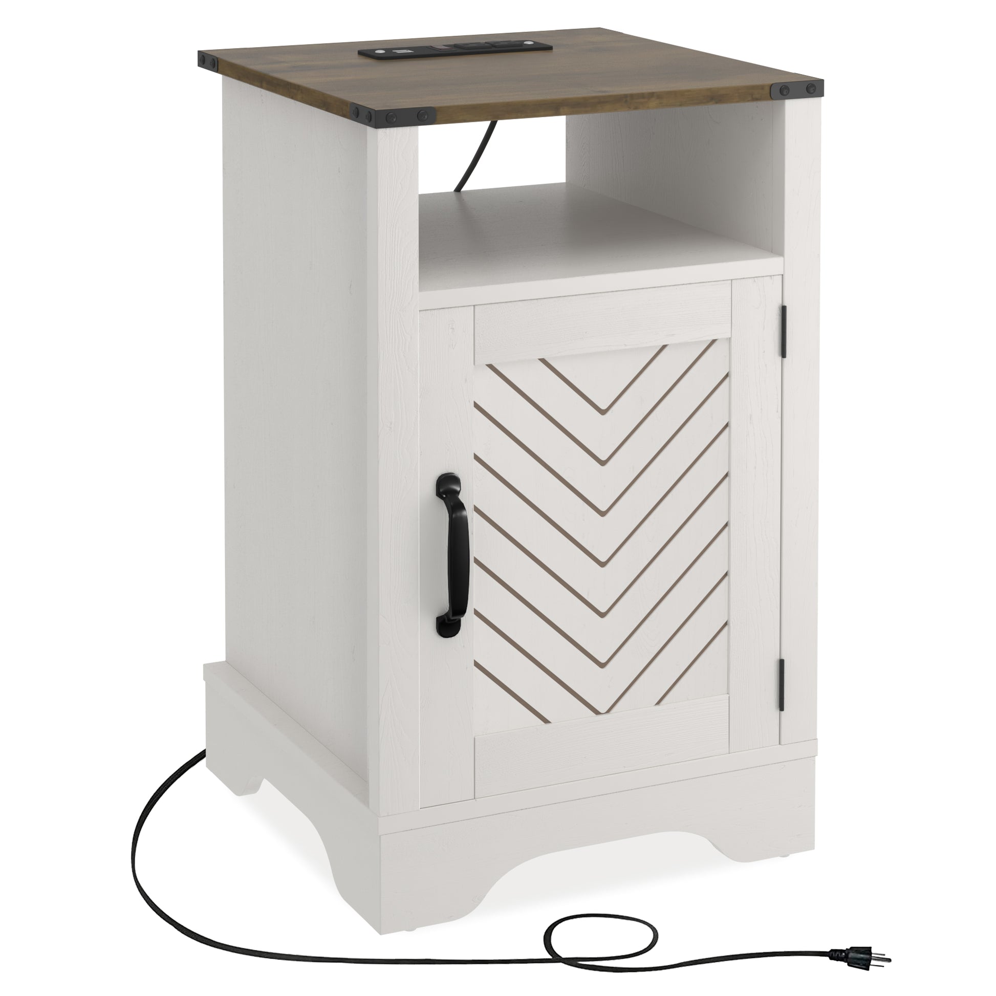 Farmhouse Nightstand Side Table, Wooden Rustic End Table, Tall Bedside Table With Electrical Outlets Charging Station White & Oak White Oak Engineered Wood