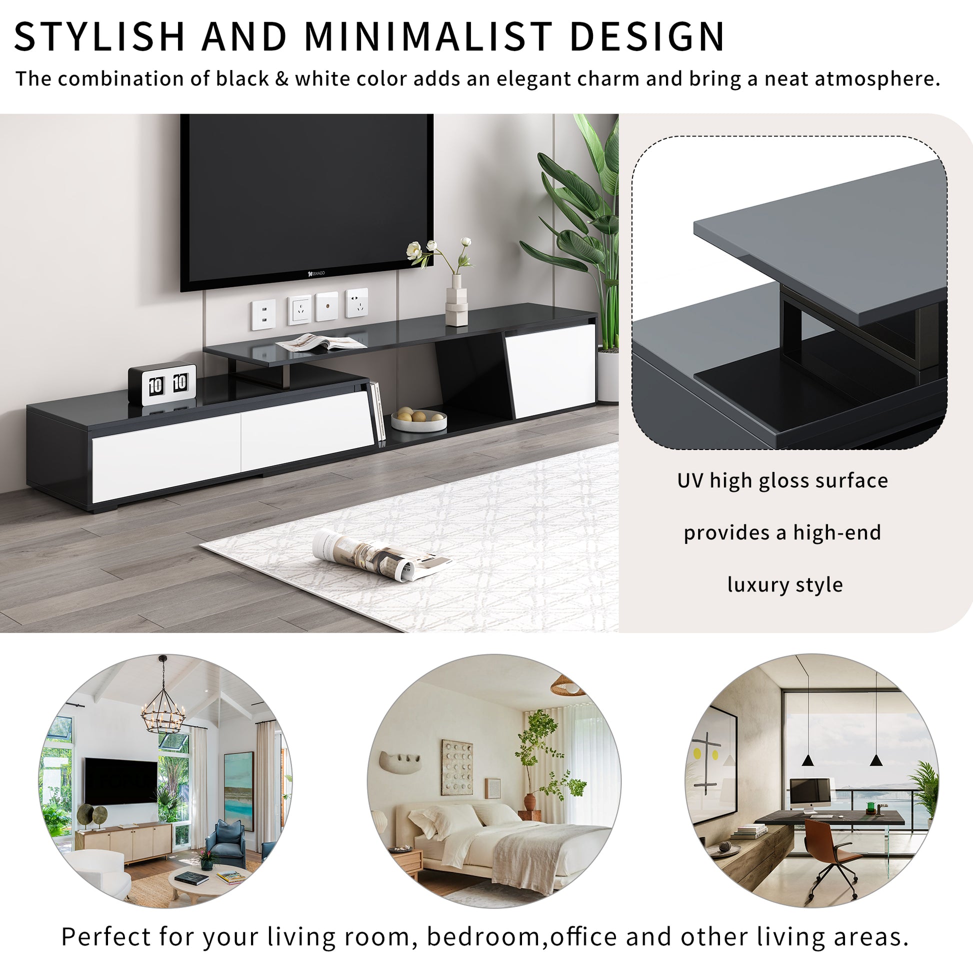 Modern, Minimalist Rectangle Extendable Tv Stand, Tv Cabinet With 2 Drawers And 1 Cabinet For Living Room, Up To 100'' Black Particle Board