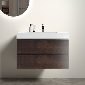 Alice 36" Walnut Bathroom Vanity With Sink, Large Storage Wall Mounted Floating Bathroom Vanity For Modern Bathroom, One Piece White Sink Basin Without Drain And Faucet, Pre Assembled White Walnut Melamine