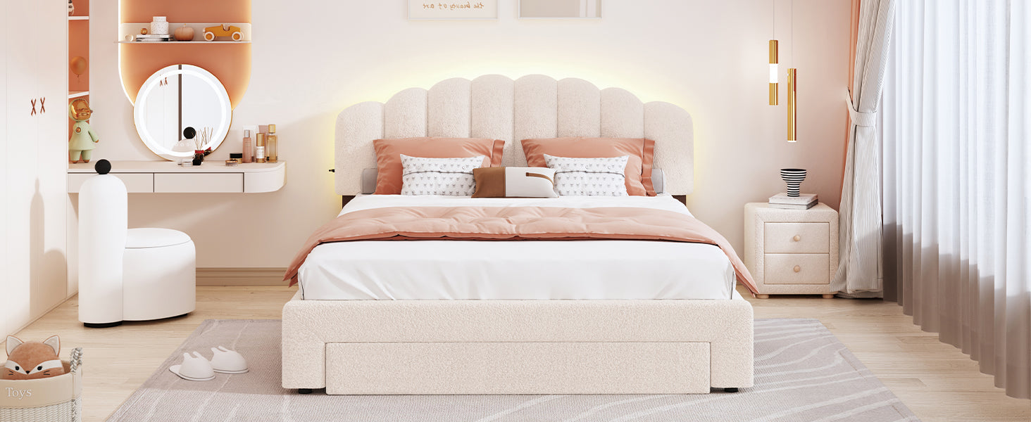 Teddy Fleece Queen Size Upholstered Platform Bed With 1 Nightstand, Beige Beige Fleece
