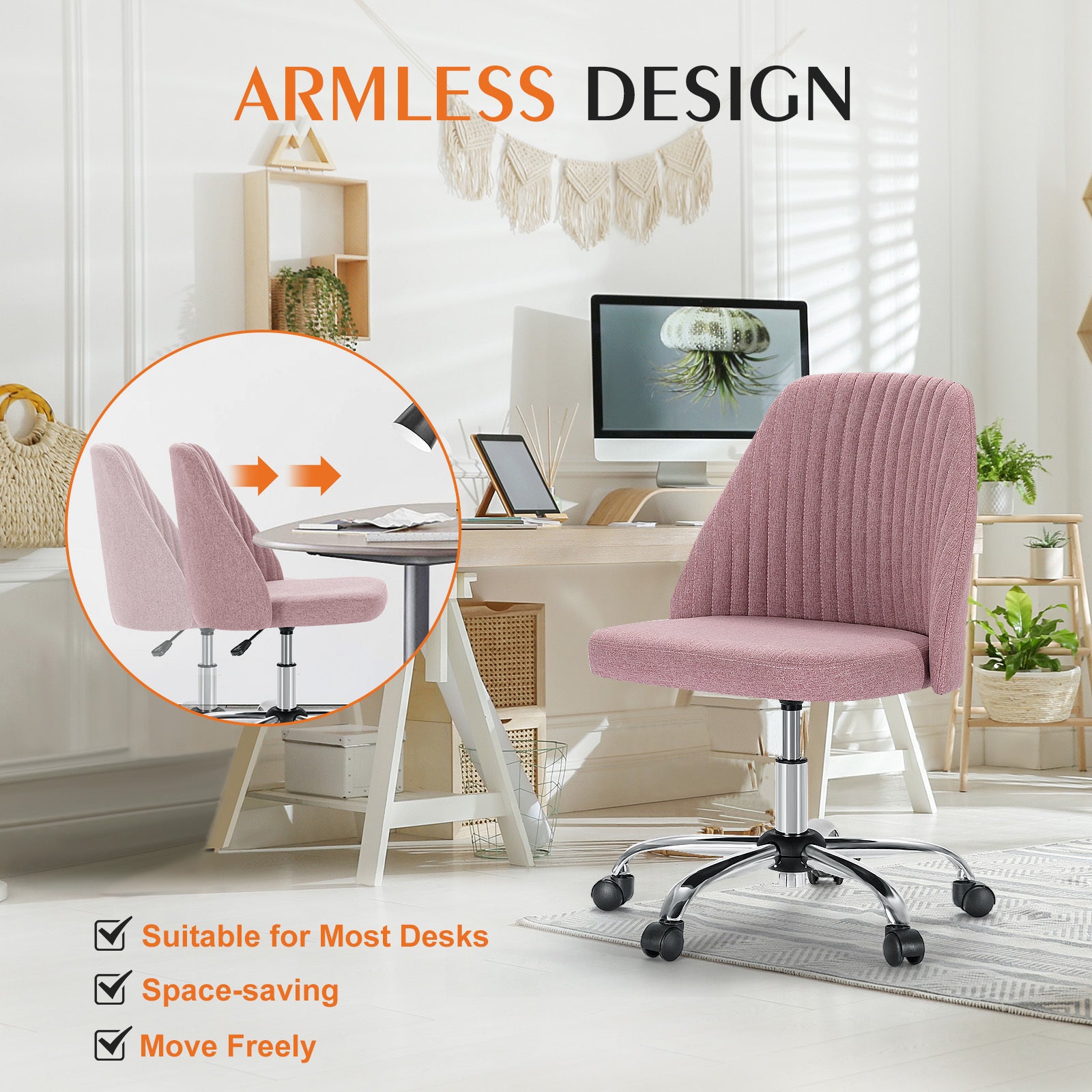 Sweetcrispy Armless Home Office Desk Chair with Wheels pink-fabric