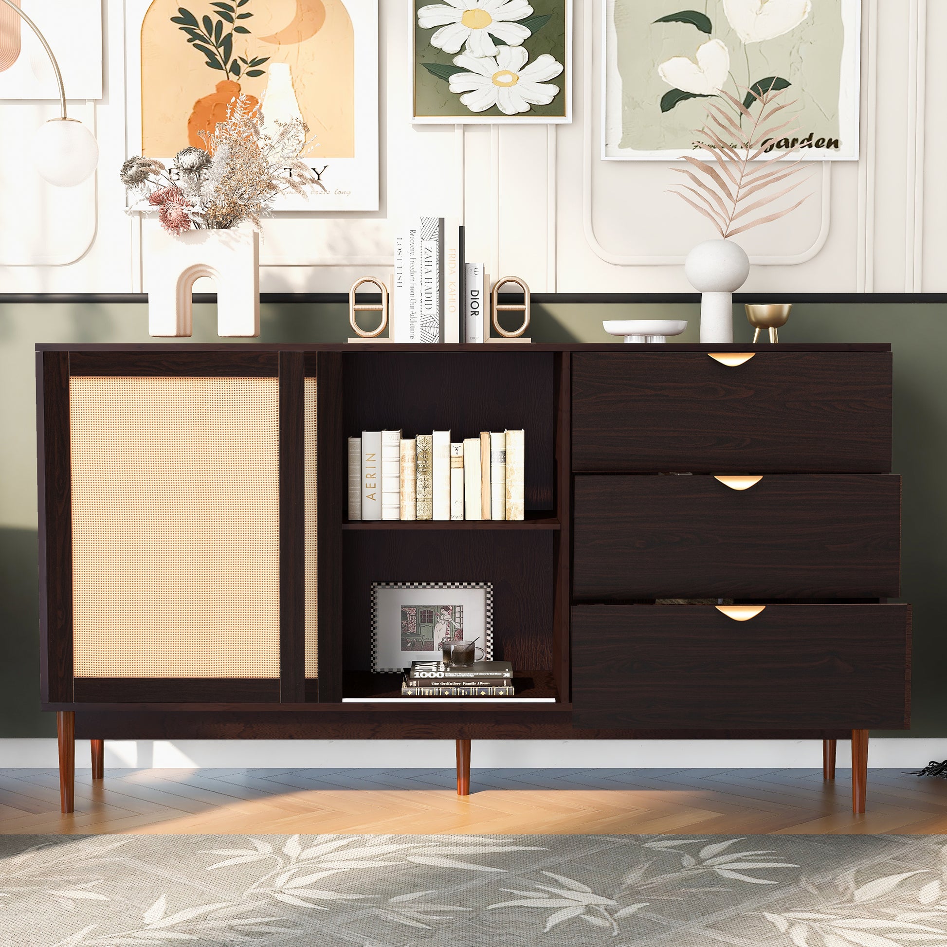 Featured Two Door Storage Cabinet With Three Drawers And Metal Handlessuitable For Corridors, Entrances, Living Rooms, And Study 3 4 Drawers Brown Primary Living Space Drawers Included Mdf