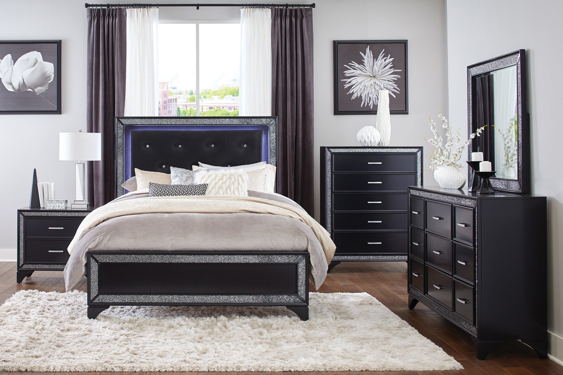 Pearl Black Metallic Finish Dresser 1Pc 9 Drawers Silver Glitter Trim Pearl Black Metallic Finish Dresser 1Pc 9 Drawers Silver Glitter Trim