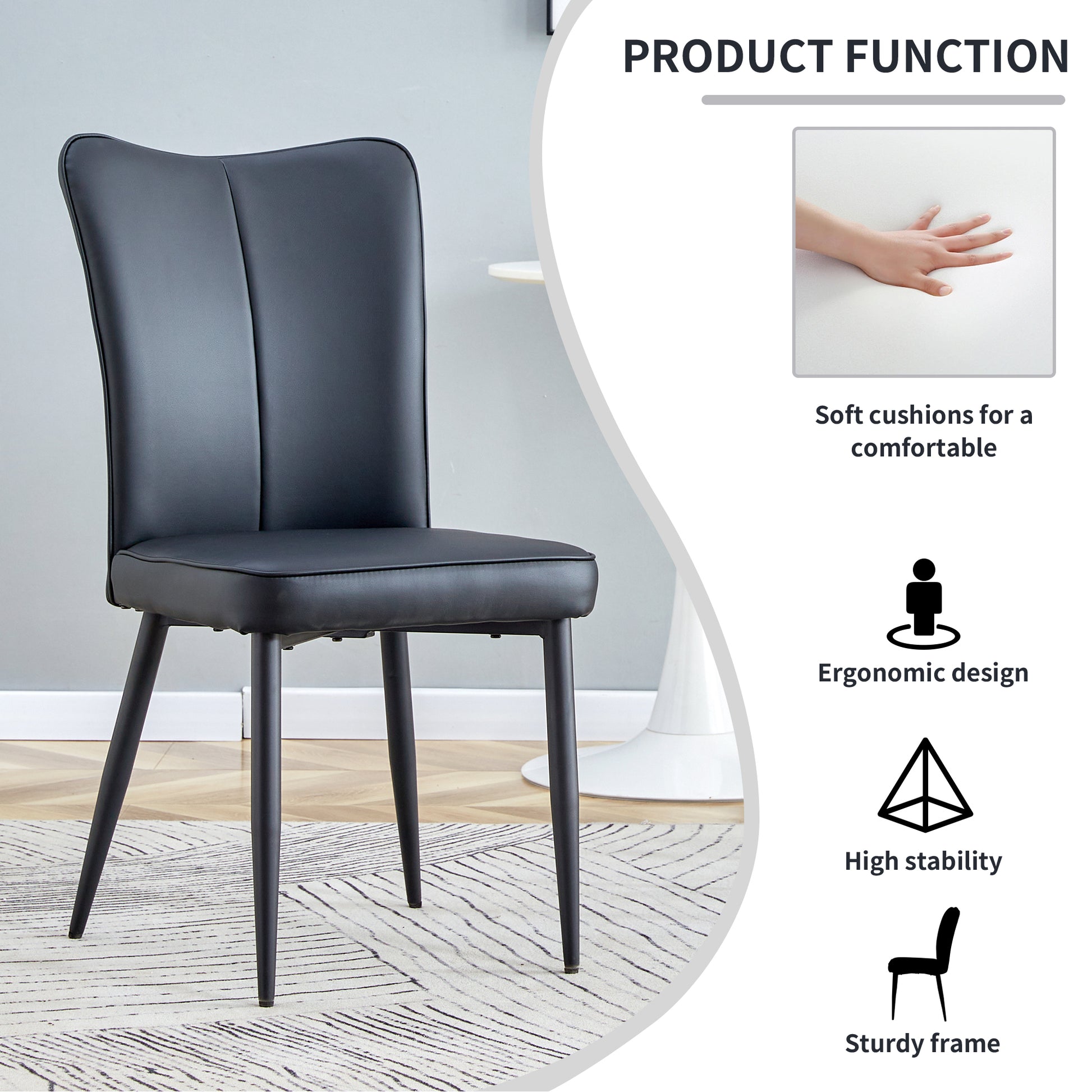 Modern Minimalist Dining Chairs, Black Pu Leather Curved Backrest And Seat Cushions, Black Metal Chair Legs, Suitable For Restaurants, Bedrooms, And Living Rooms. A Set Of Four Chairs. 008 Black Pu