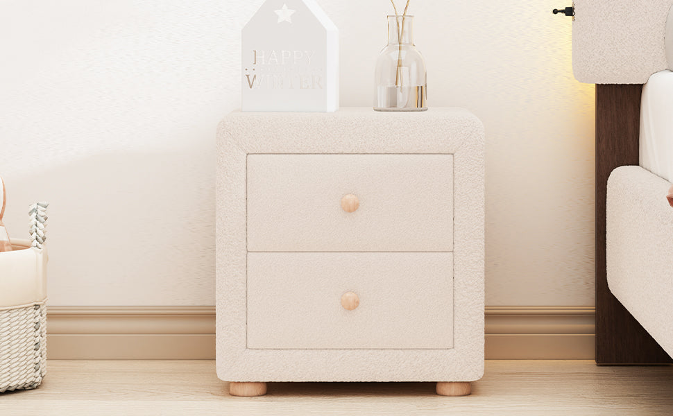 Teddy Fleece Nightstand With 2 Drawers, Beige Beige Mdf