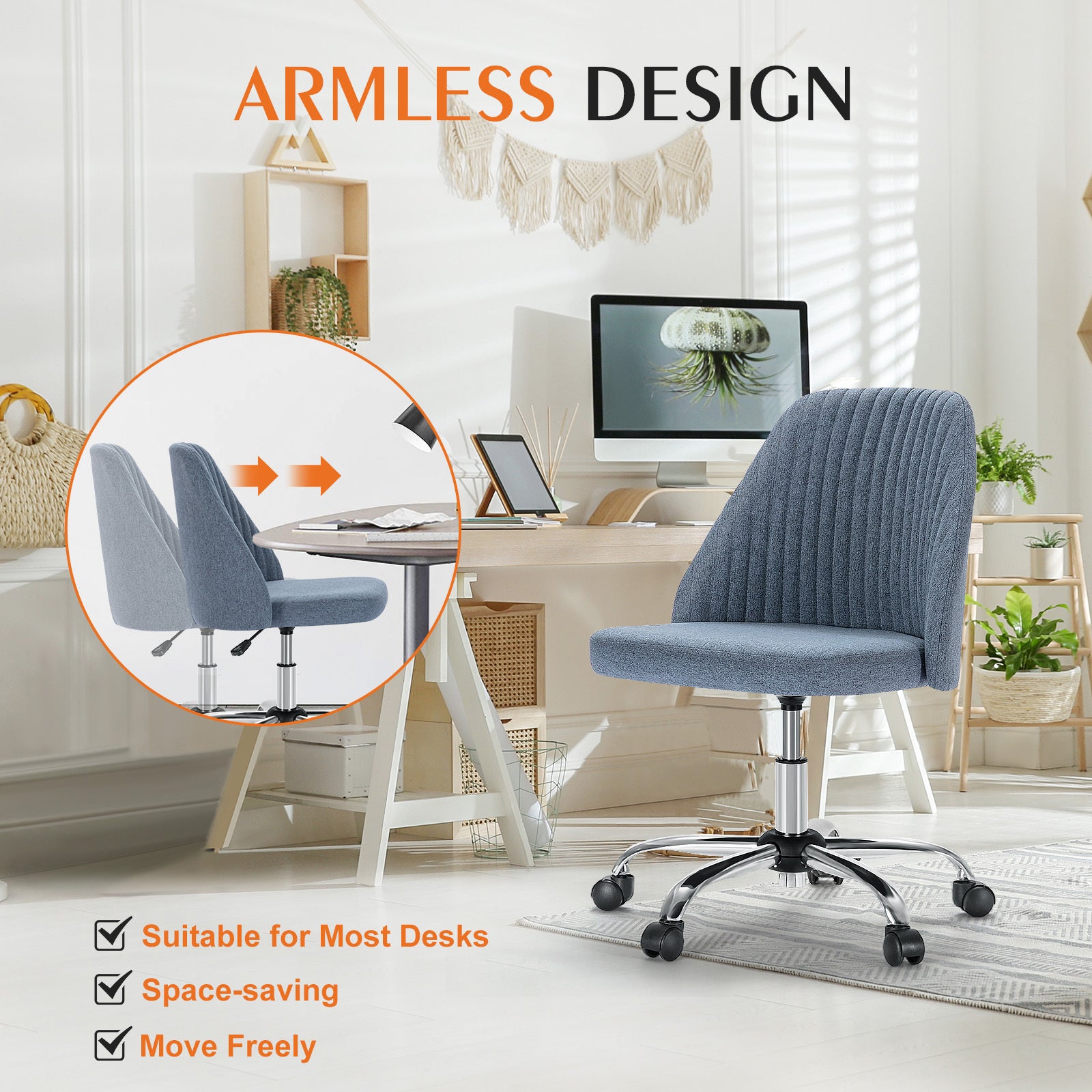 Sweetcrispy Armless Home Office Desk Chair With Wheels Adjustable Swivel Task Computer Vanity Chair For Small Spaces Blue Fabric