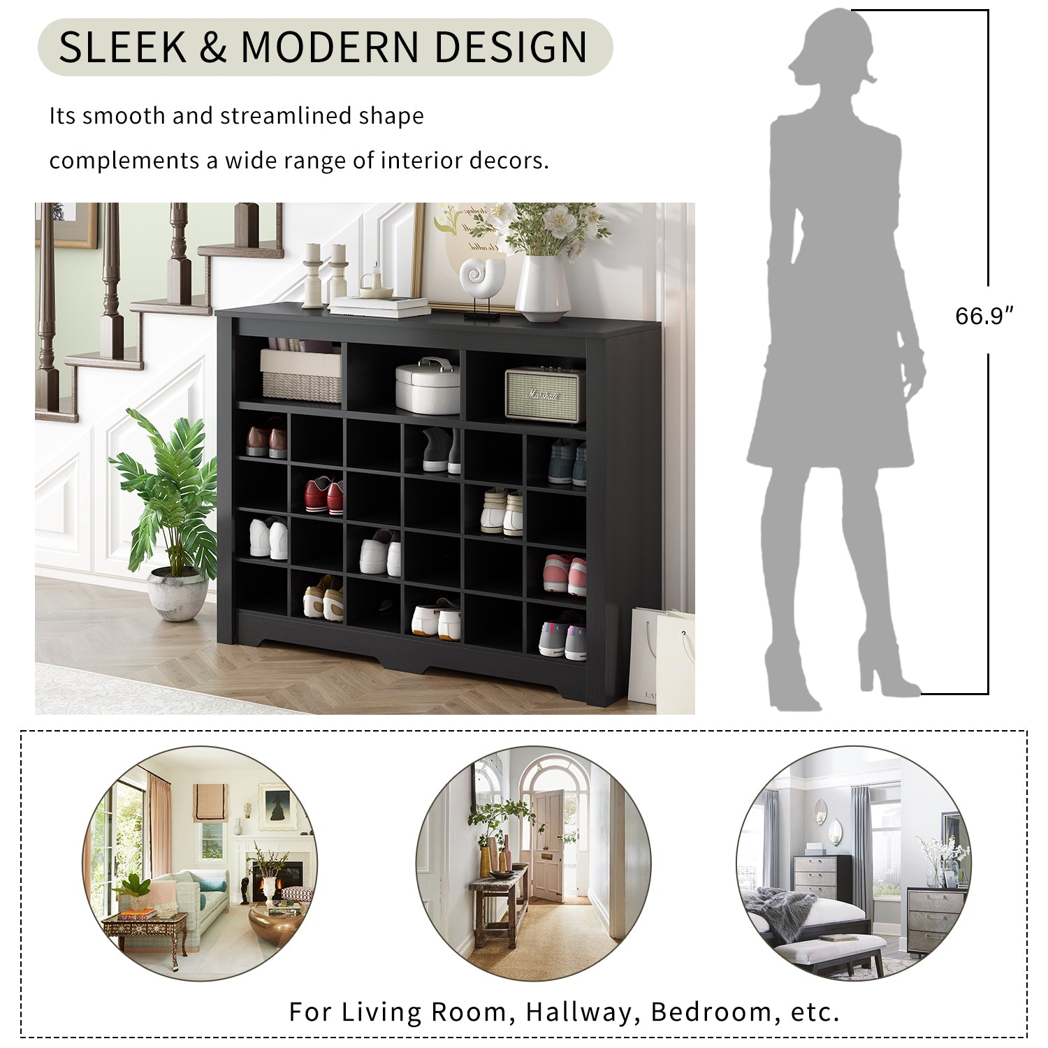 Sleek Design 24 Shoe Cubby Console, Modern Shoe Cabinet With Curved Base, Versatile Sideboard With High Quality For Hallway, Bedroom, Living Room, Black Freestanding Black Primary Living Space Particle Board