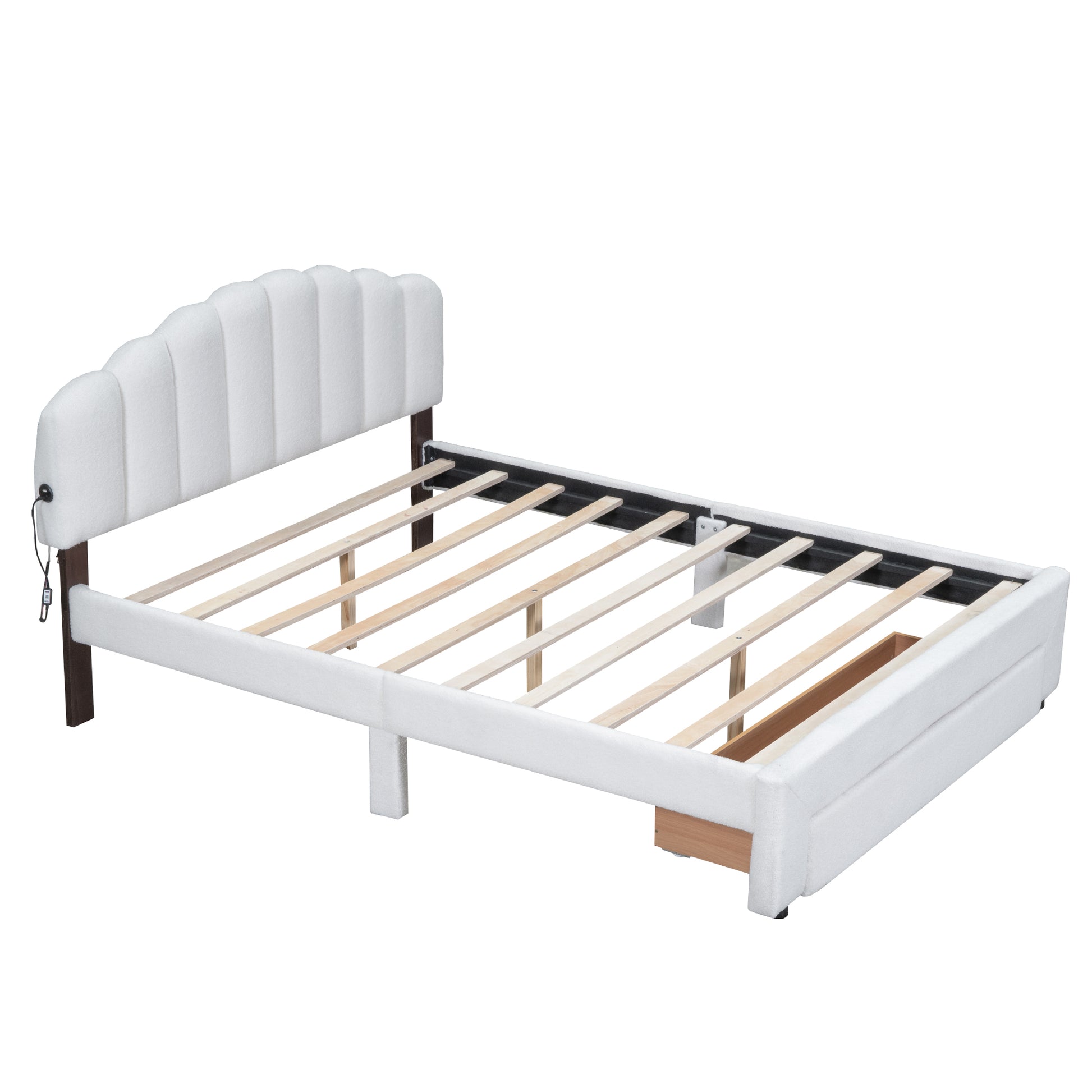 Teddy Fleece Queen Size Upholstered Platform Bed With Drawer, White White Fleece