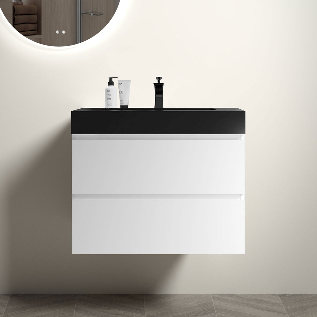 Alice 30" White Bathroom Vanity With Sink, Large Storage Wall Mounted Floating Bathroom Vanity For Modern Bathroom, One Piece Black Sink Basin Without Drain And Faucet, Pre Assembled White Black Melamine