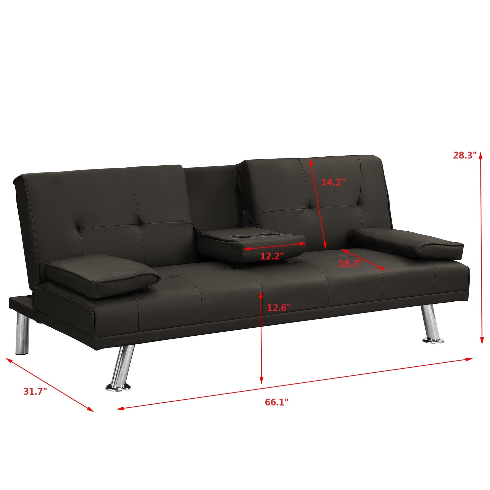 Sofa Bed With Armrest Two Holders Wood Frame, Stainless Leg, Futon Brown Pvc,Dark Brown Dark Brown Pvc