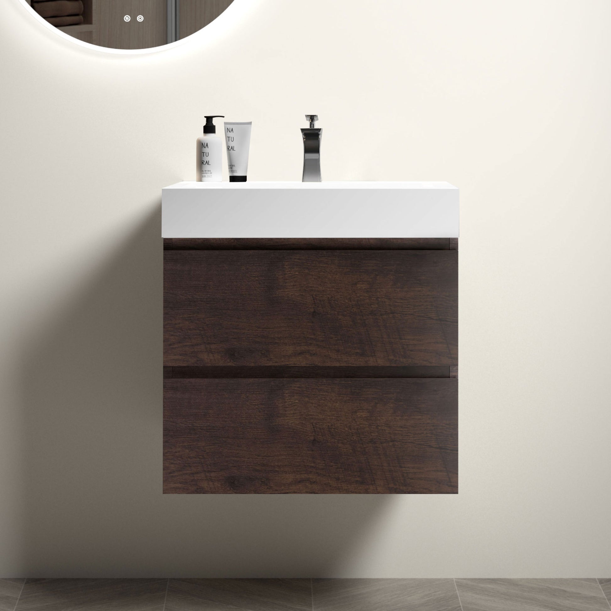 Alice 24" Walnut Bathroom Vanity With Sink, Large Storage Wall Mounted Floating Bathroom Vanity For Modern Bathroom, One Piece White Sink Basin Without Drain And Faucet, Pre Assembled White Walnut Melamine