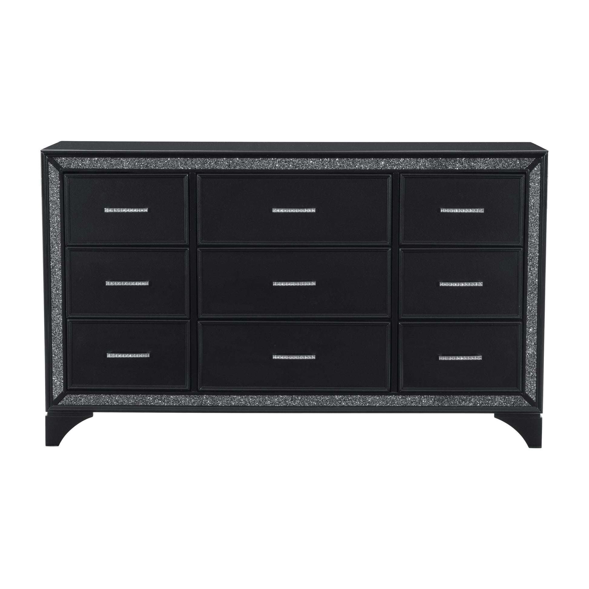 Pearl Black Metallic Finish Dresser 1Pc 9 Drawers Silver Glitter Trim Modern Bedroom Furniture Black Bedroom Contemporary,Glam,Modern Wood