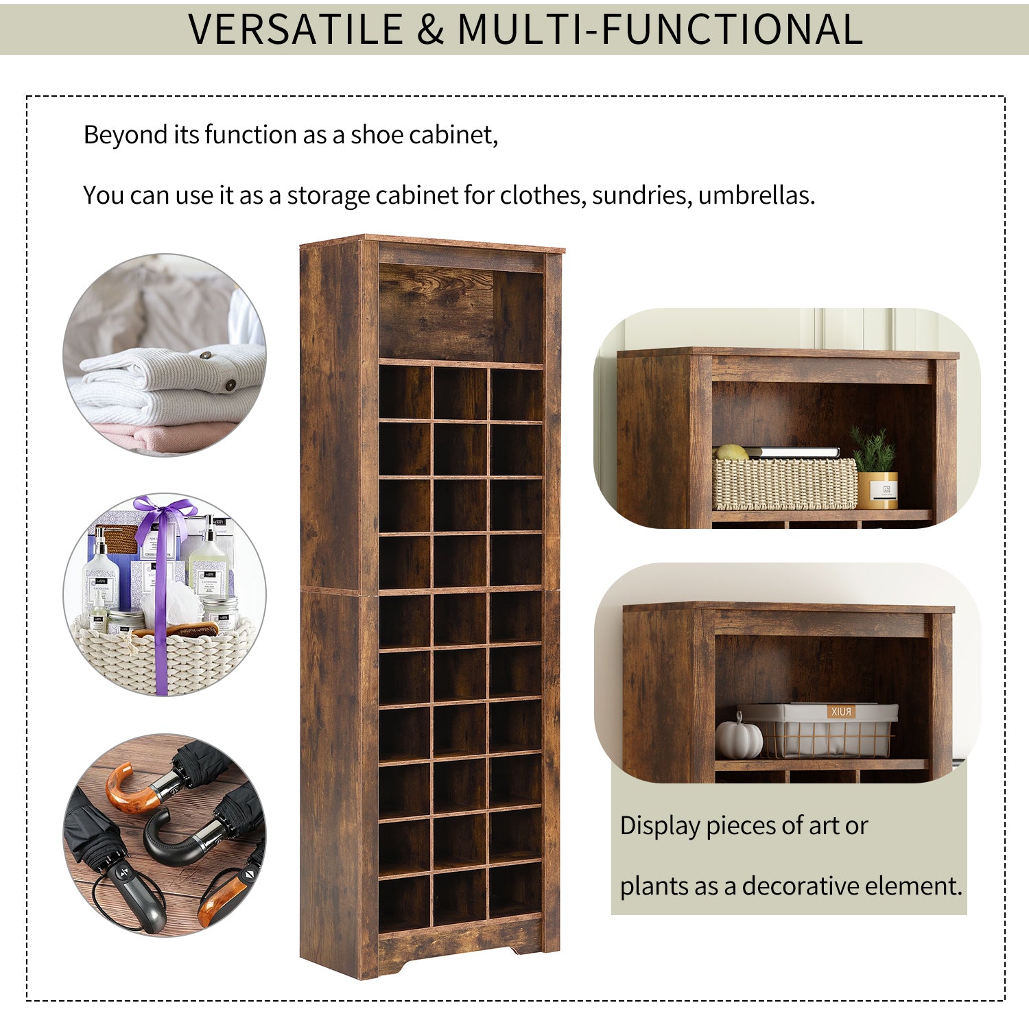 Stylish Design 30 Shoe Cubby Console, Contemporary Shoe Cabinet With Multiple Storage Capacity, Free Standing Tall Cabinet With Versatile Use For Hallway, Bedroom, Rustic Brown Filing Cabinets Rustic Brown Primary Living Space Particle Board