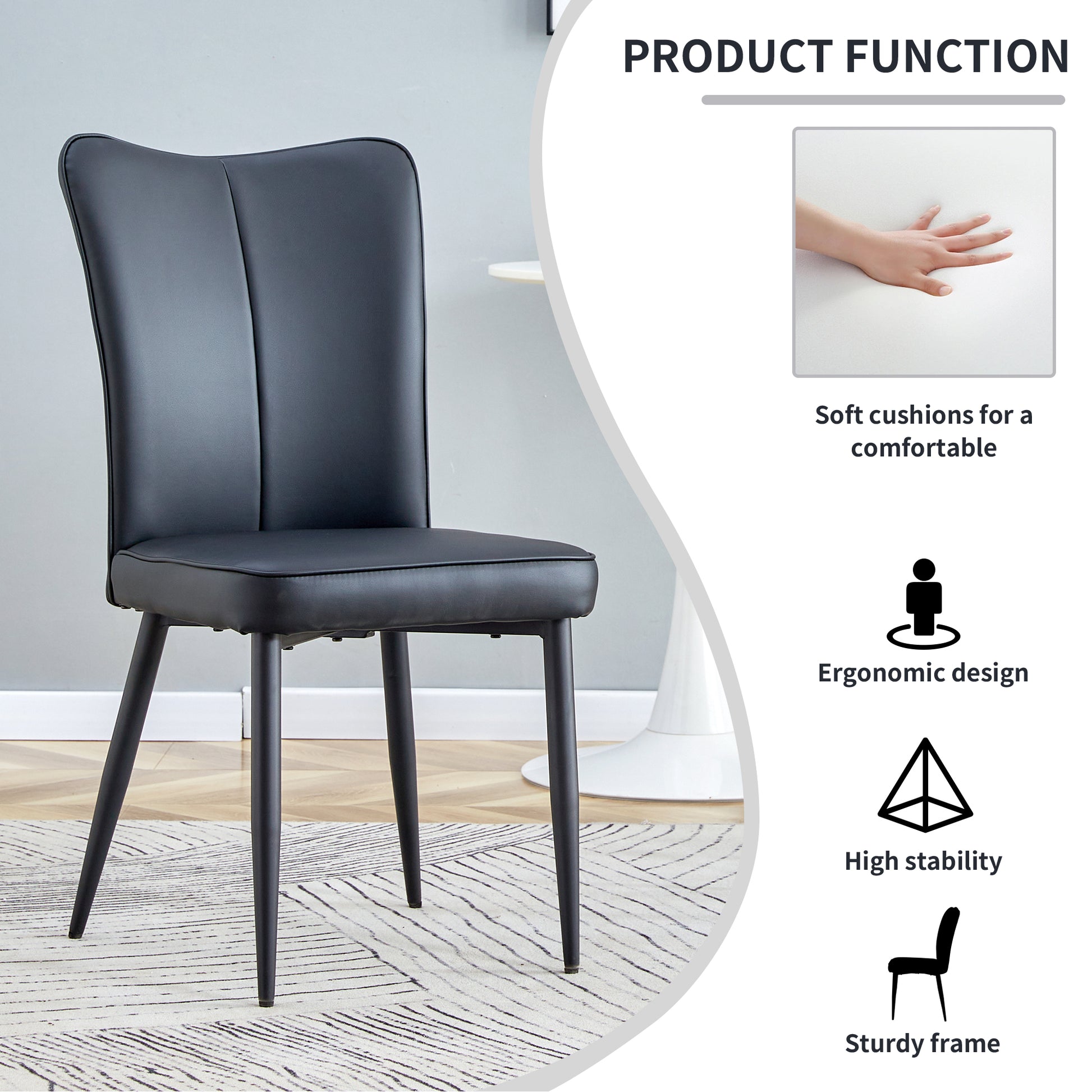 Modern Minimalist Dining Chairs, Black Pu Leather Curved Backrest And Seat Cushions, Black Metal Chair Legs, Suitable For Restaurants, Bedrooms, And Living Rooms. A Set Of 2 Chairs. 008 Black Pu