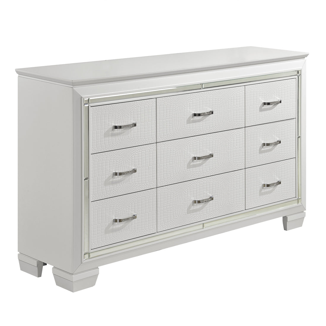 White Finish Dresser Bold Design 9 Drawers Glamorous Faux Alligator Textured Fronts Wooden Bedroom Furniture White Bedroom Contemporary,Glam,Modern Wood