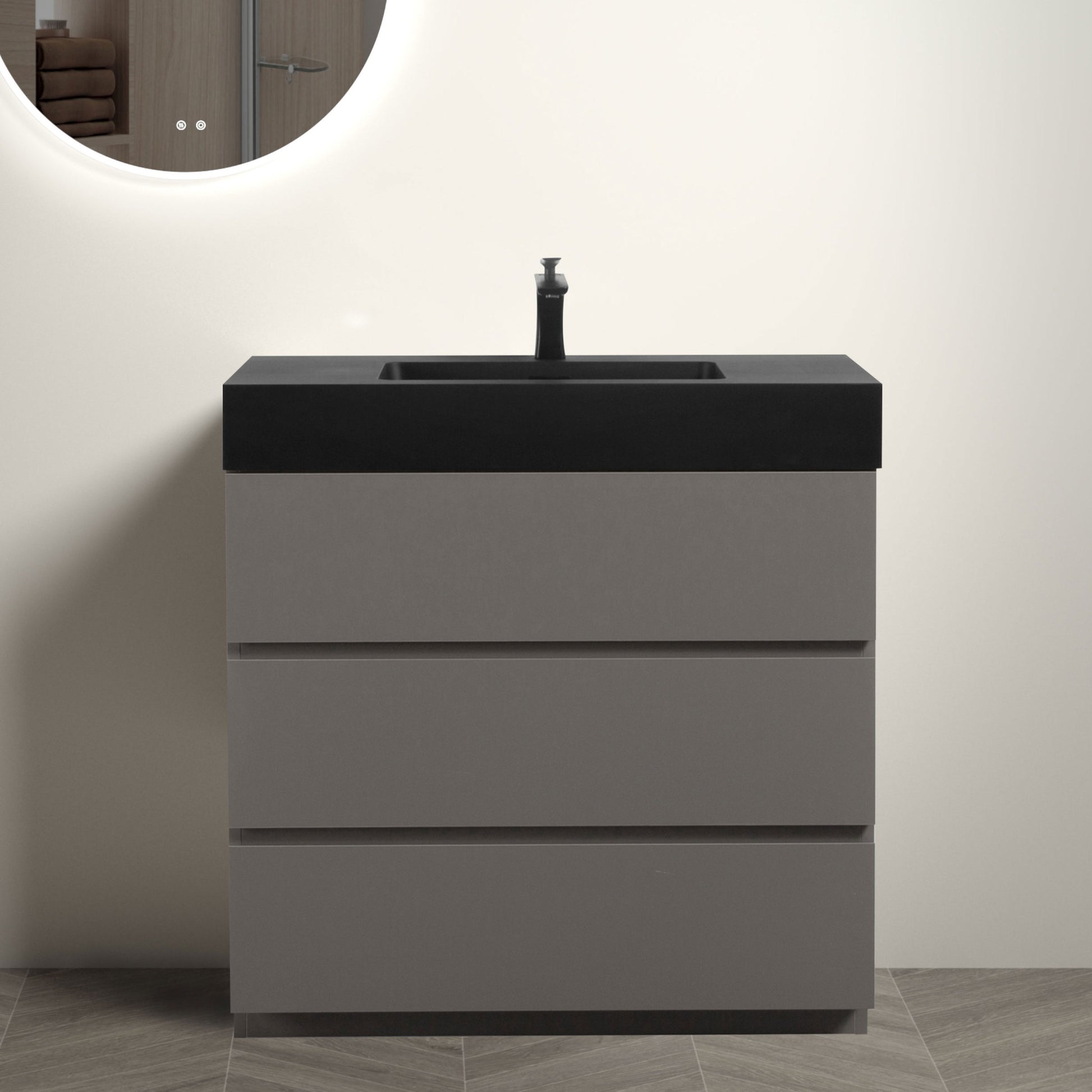 Alice 36" Gray Bathroom Vanity With Sink, Large Storage Freestanding Bathroom Vanity For Modern Bathroom, One Piece Black Sink Basin Without Drain And Faucet, Pre Assembled Black Gray Melamine