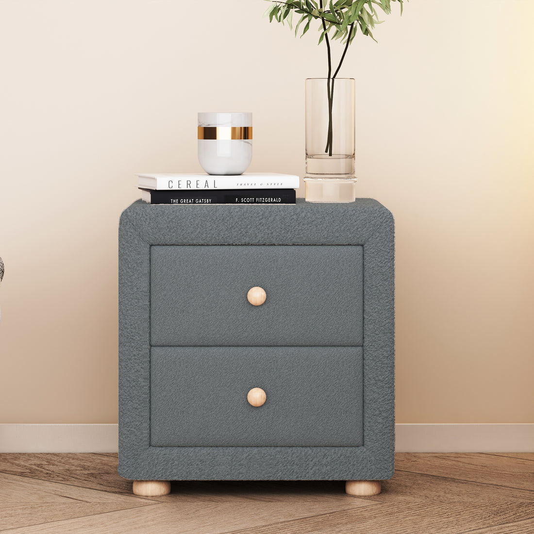 Teddy Fleece Nightstand With 2 Drawers, Gray Gray Mdf